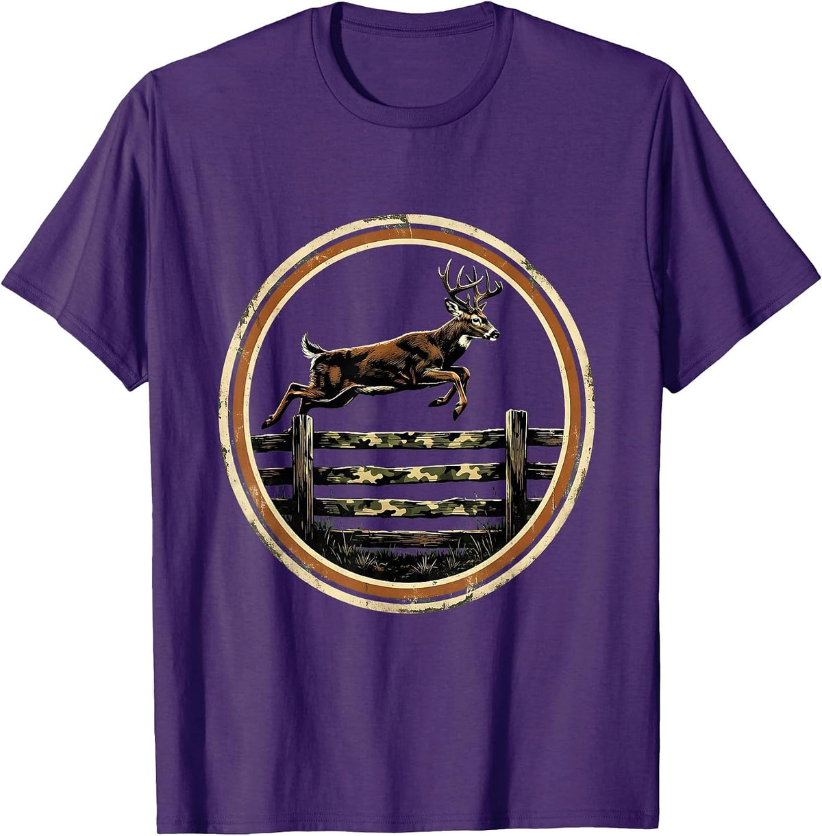 Buck Leaping Over Camo Fence Hunting Design T-Shirt - Purple