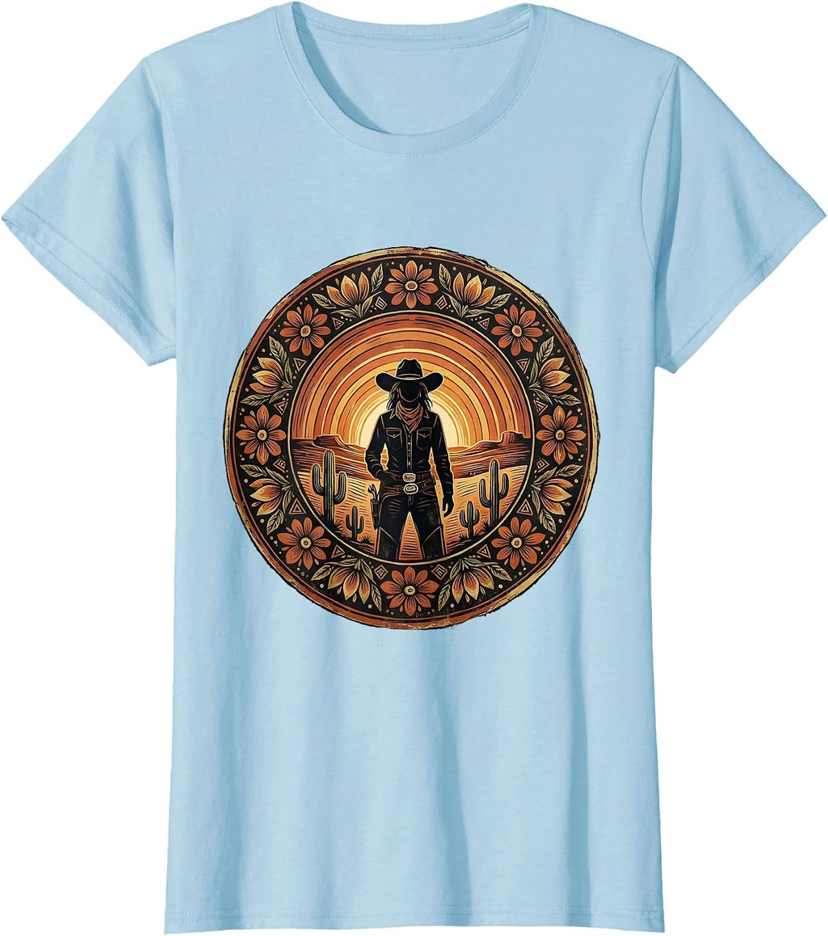 Women's White Cowgirl Silhouette Desert Sunset Graphic T-Shirt - Baby Blue