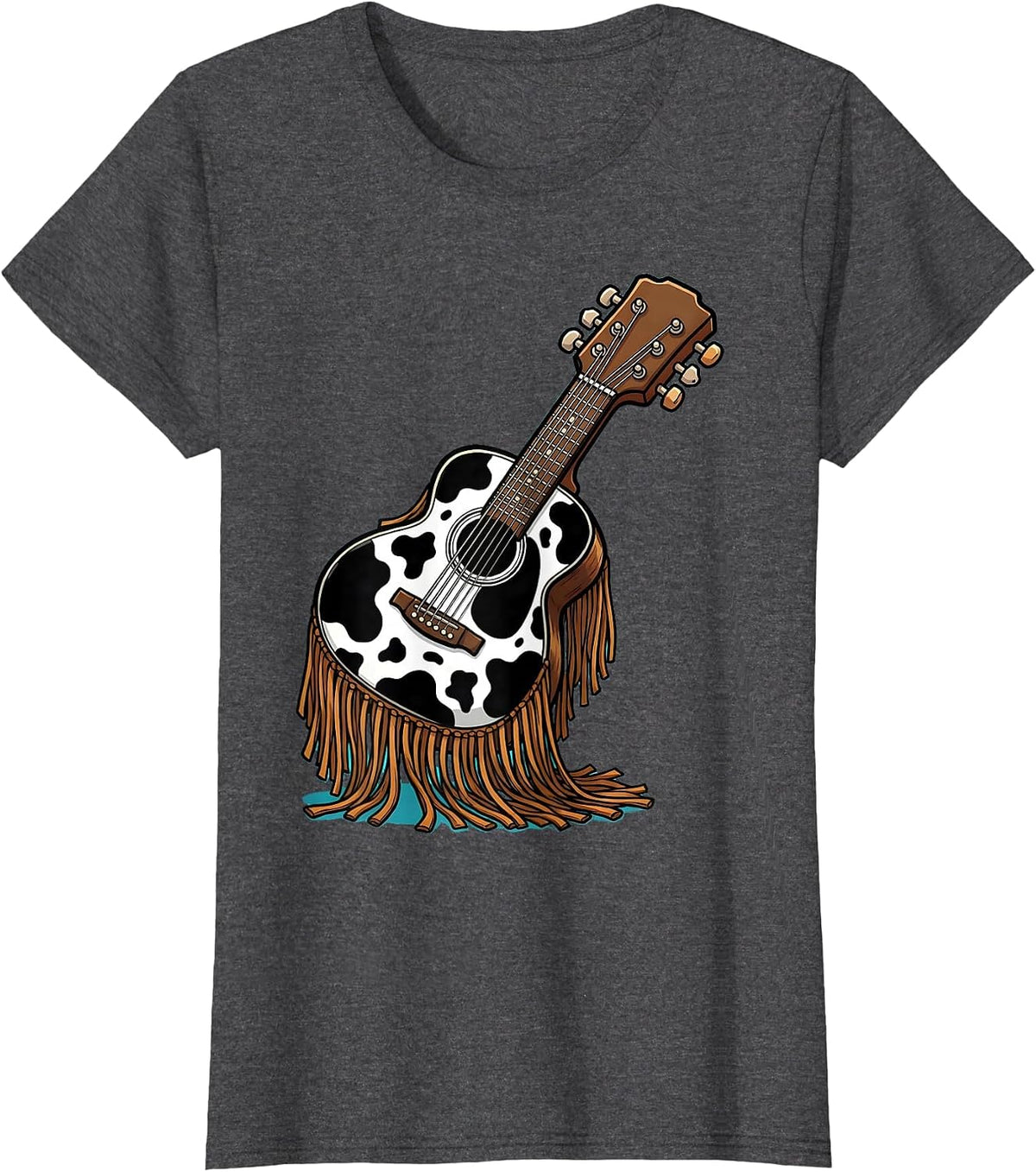 Women's Cow Print Guitar With Western Fringe Illustration T-Shirt - Dark Heather Grey