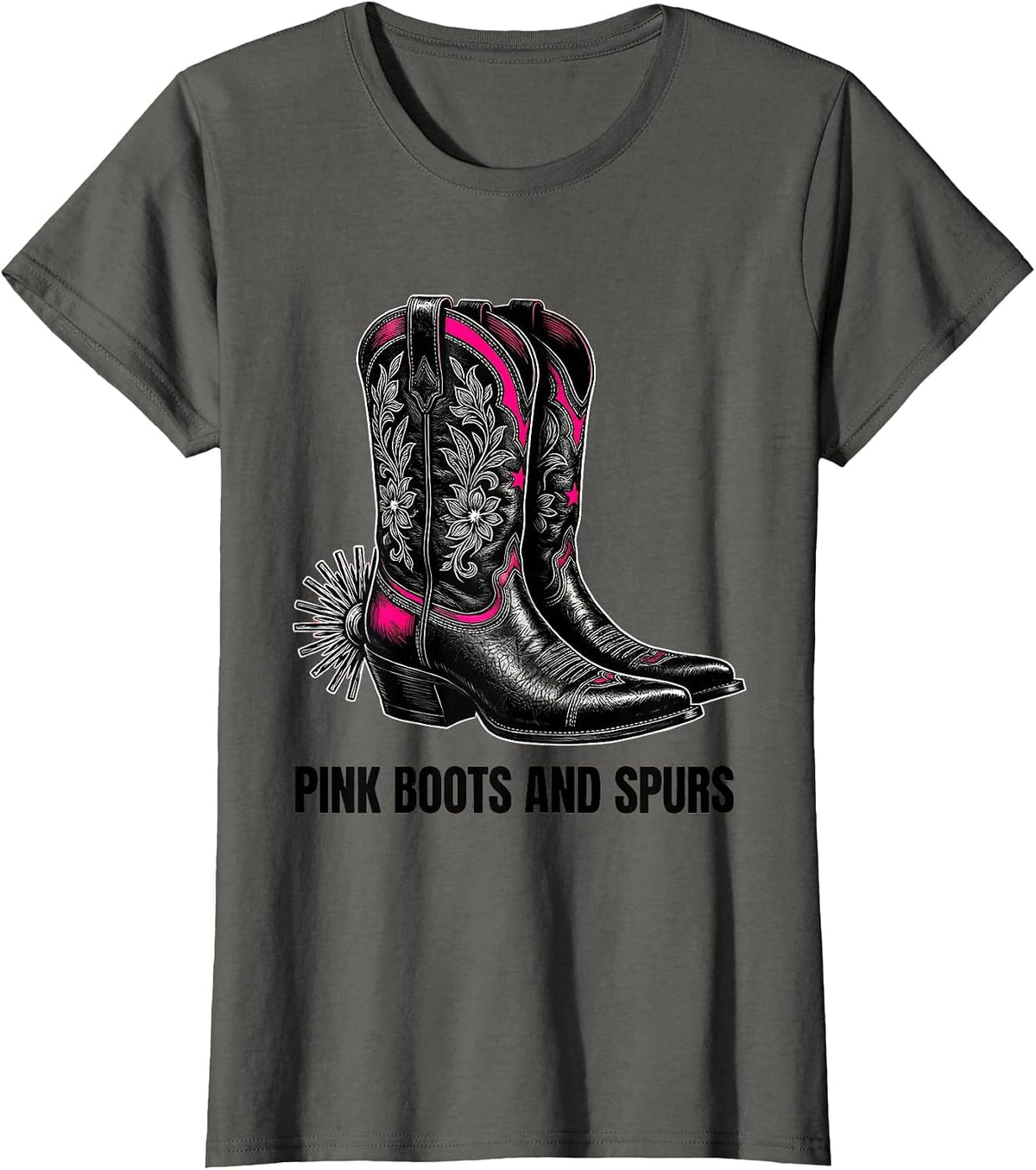 Women's Pink Boots and Spurs Western Cowgirl Design T-Shirt - Asphalt Grey