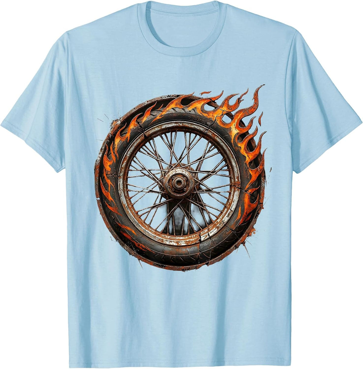 Men's Motorcycle Wheel Spinning Flames Graphic Tee T-Shirt - Baby Blue