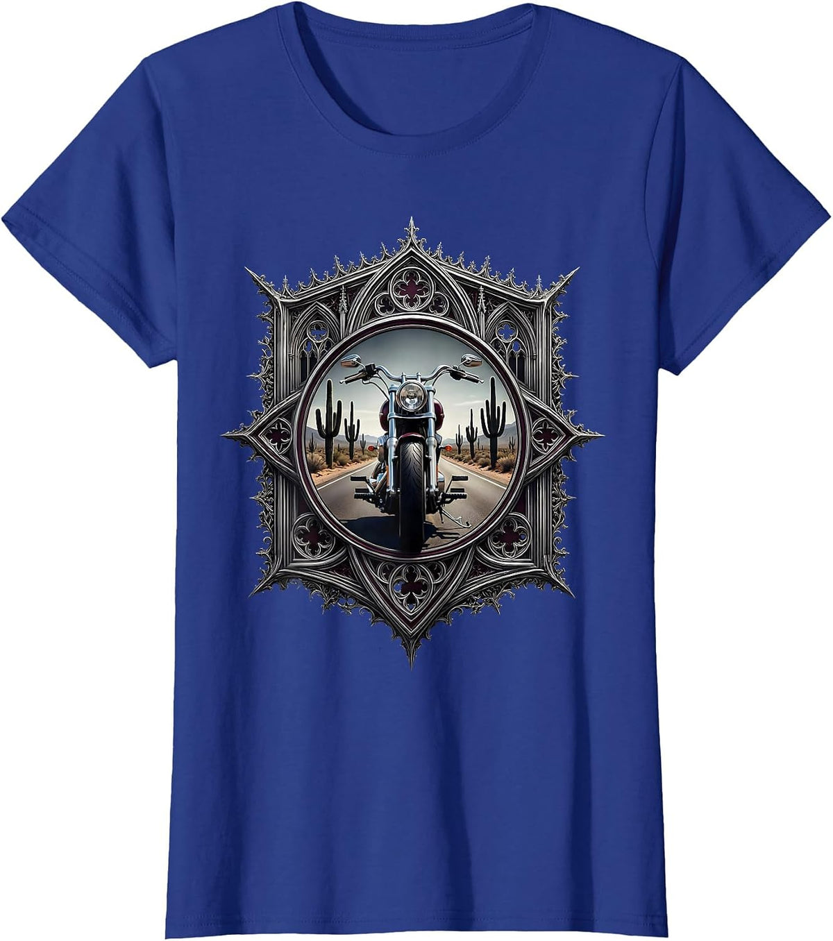 Women's Chopper Motorcycle Desert Highway Graphic T-Shirt - Royal Blue