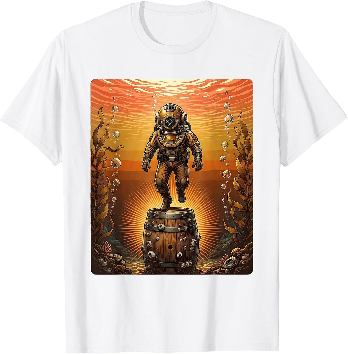 Deep Sea Diver Sunken Beer Barrel Discovery T-Shirt - White