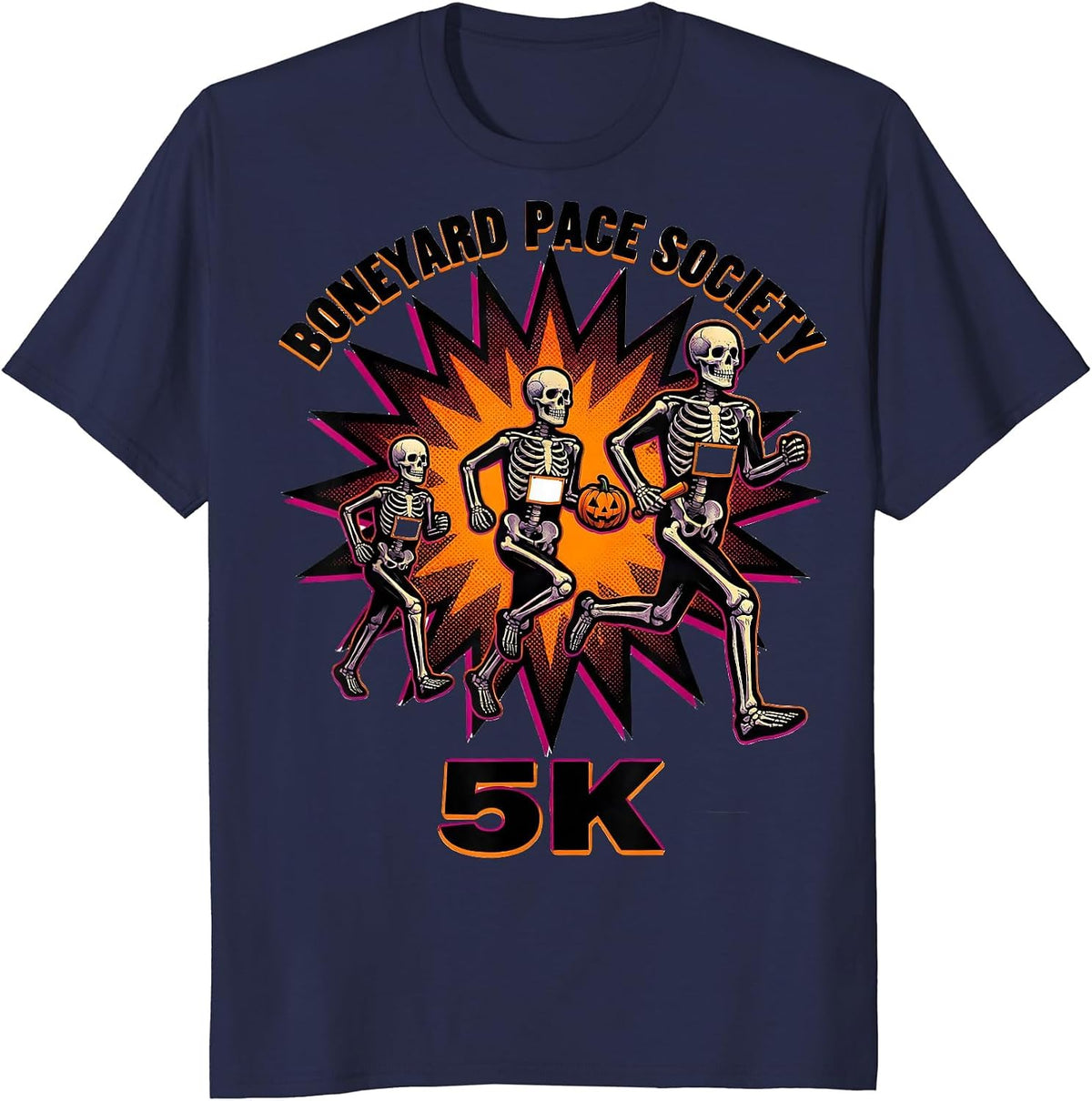 Men's Boneyard Pace Society 5K Funny Halloween Skeleton Runner T-Shirt - Navy Blue