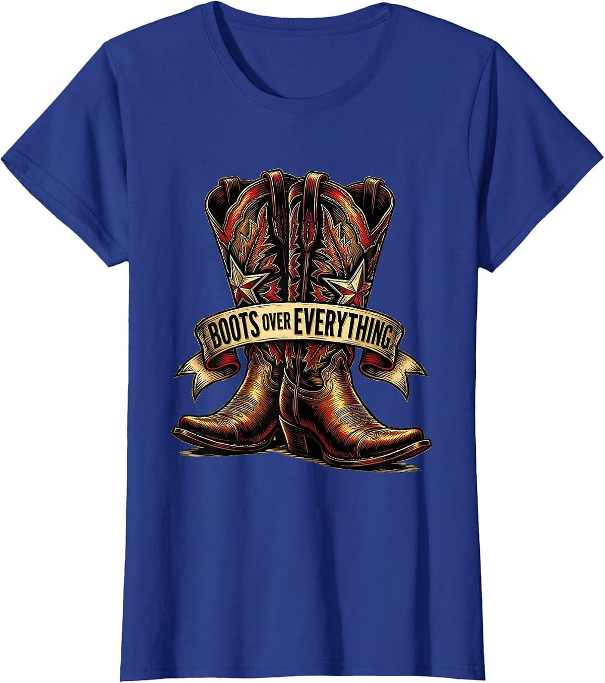 Women's Boots Over Everything Cowgirl Graphic Design T-Shirt - Royal Blue