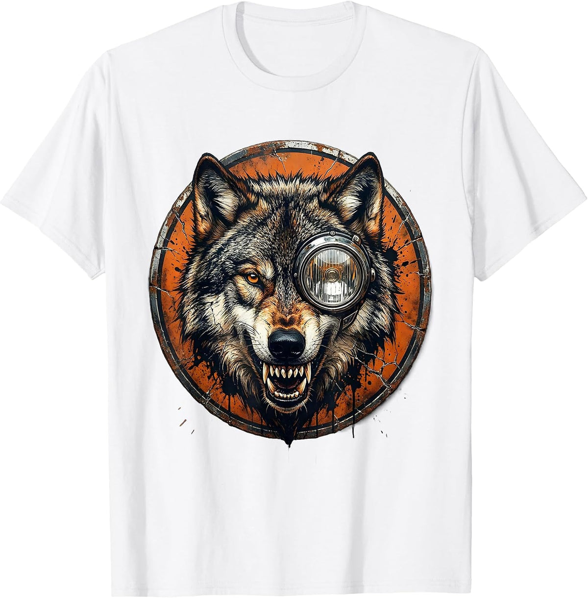 Men's Wolf Head Motorcycle Headlight Graphic Tee T-Shirt - White