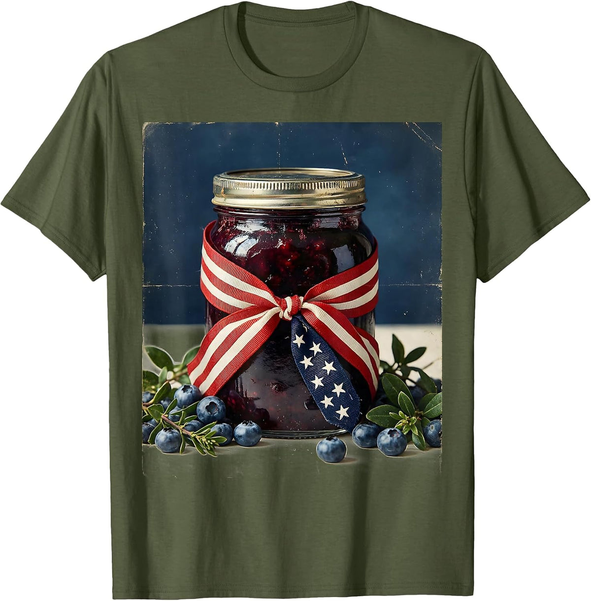 Red White and Blueberries Jam Jar Flag Ribbon T-Shirt, Men, Olive Green, 3X-Large - As Pictured