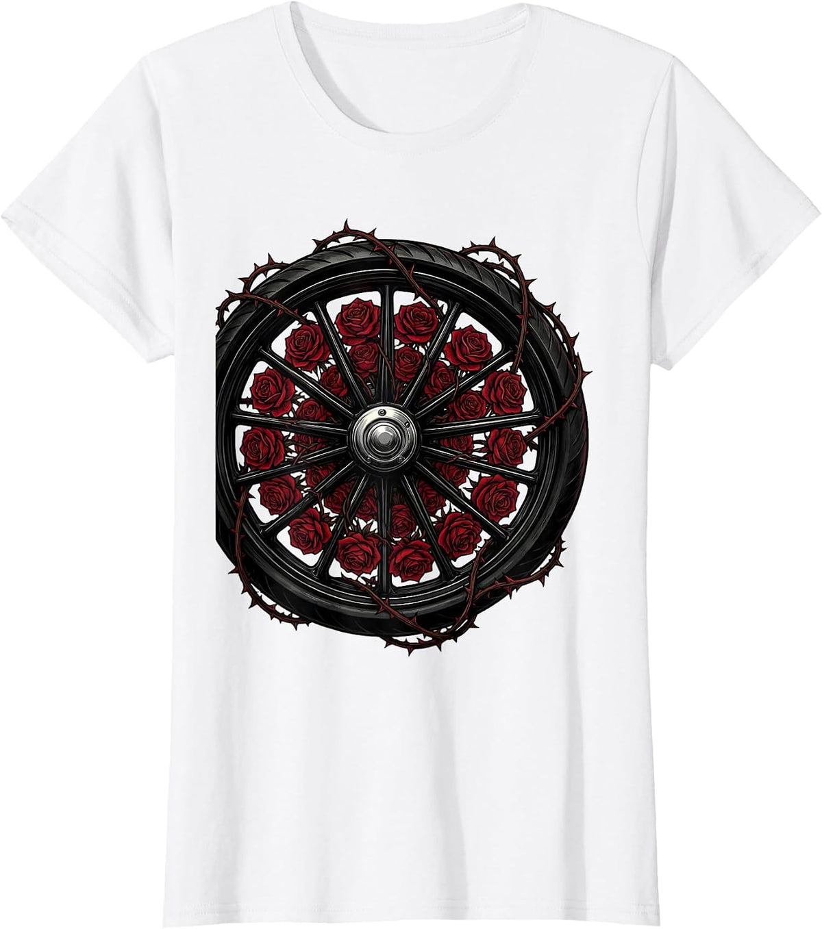 Motorcycle Wheel and Roses Graphic Design T-Shirt - White
