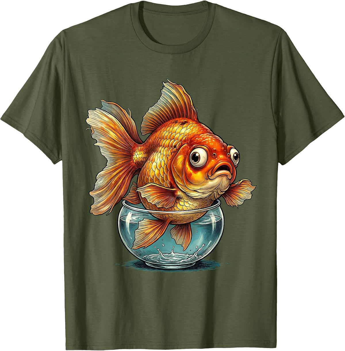 Men's Giant Goldfish Small Fishbowl Big Little Design T-Shirt - Olive Green