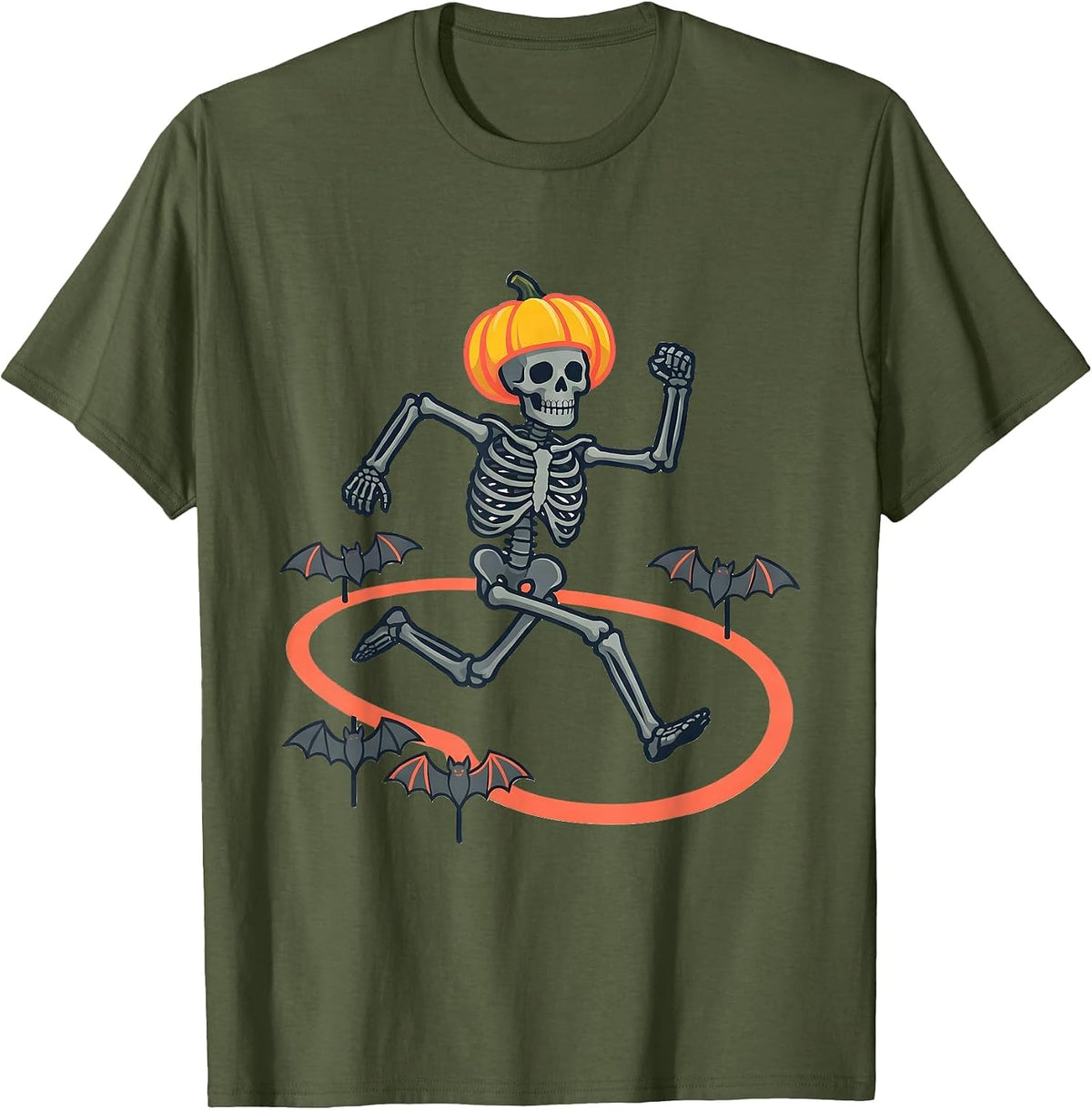 Cheerful Skeleton Runner Halloween 5K Fun Run T-Shirt - Olive Green