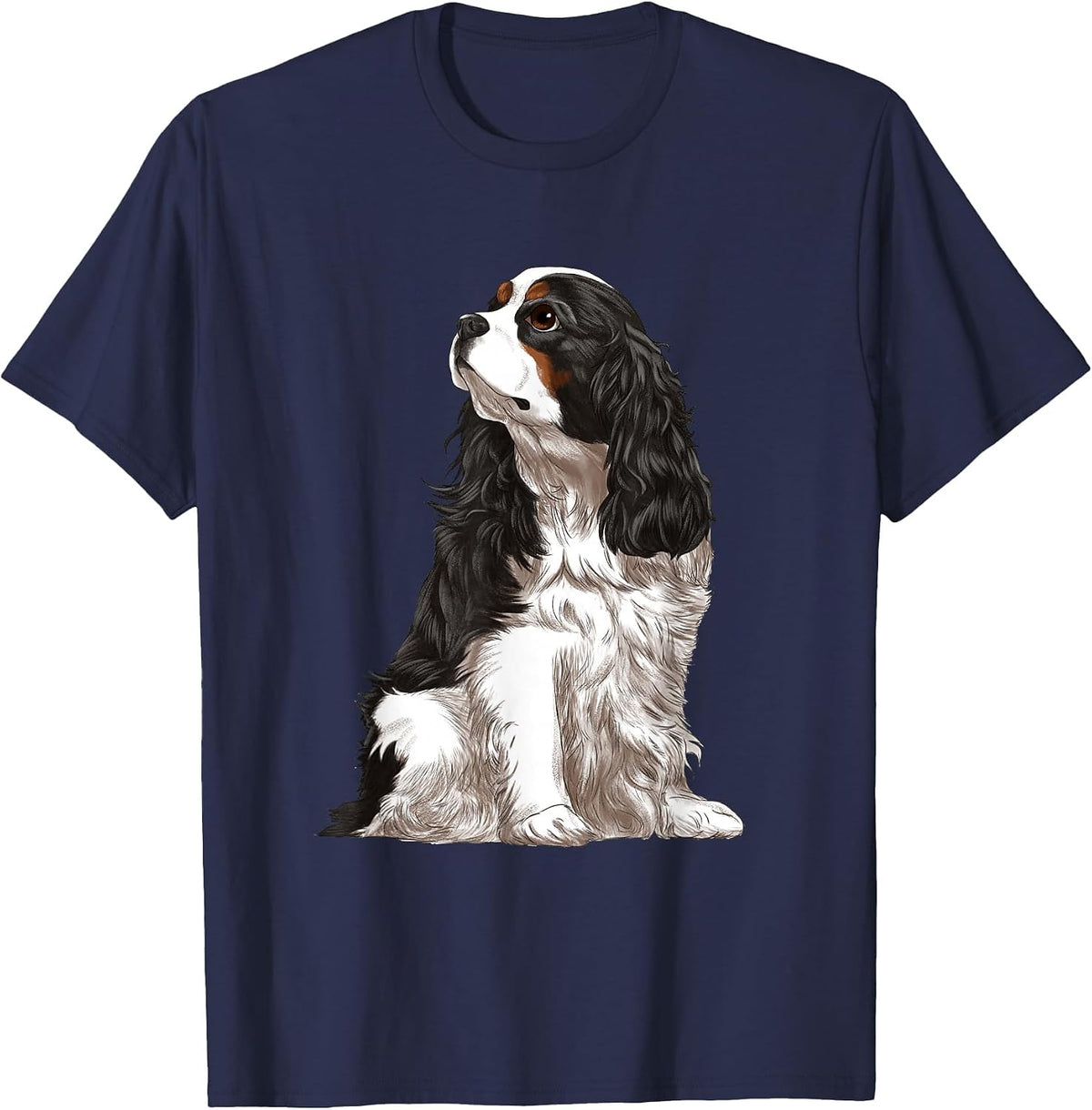 Sitting Dog Tri-Color Cavalier King Charles Spaniel T-Shirt - Navy Blue
