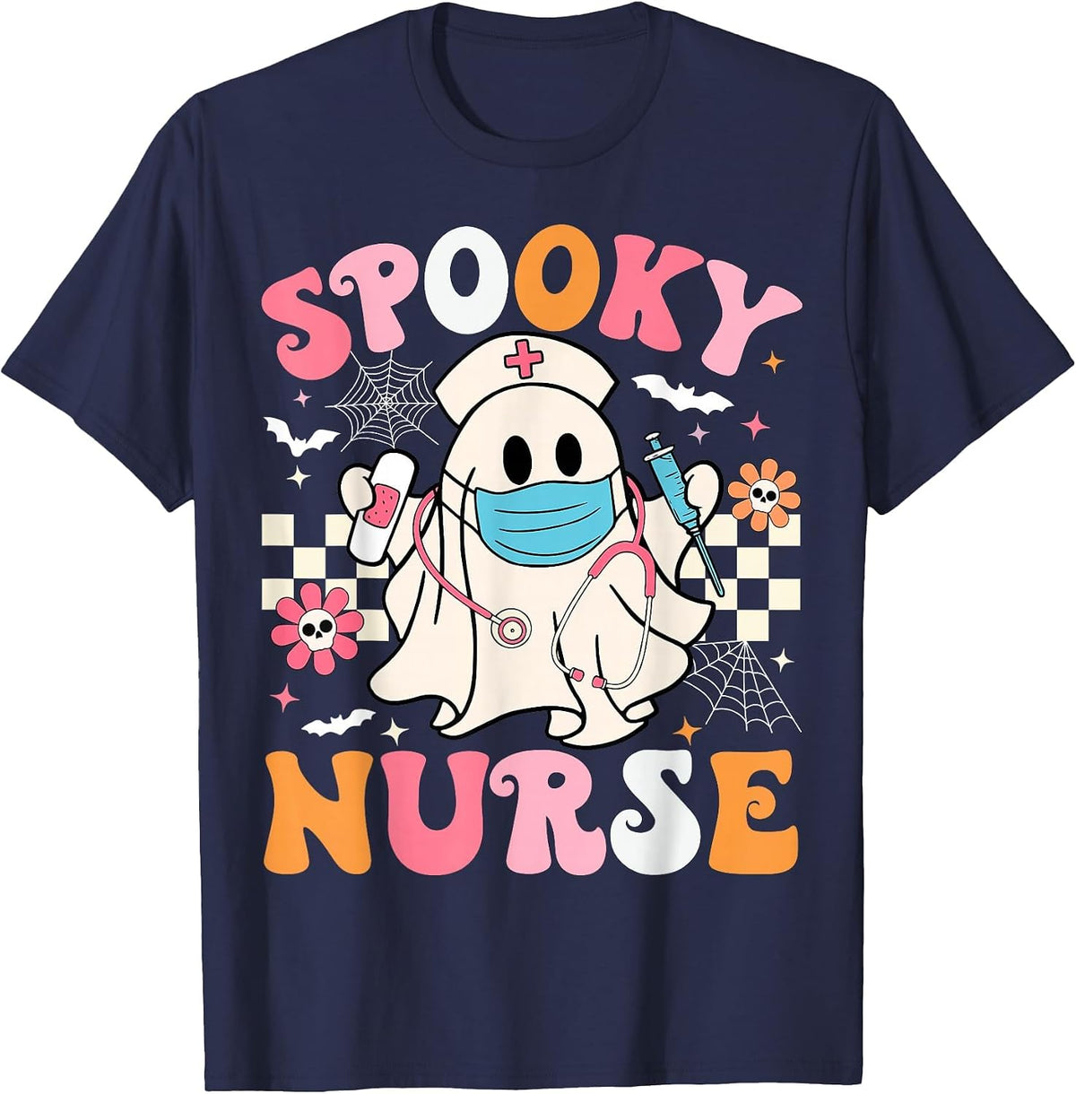 Spooky Nurse Ghost Halloween Cute Groovy Nursing Halloween T-Shirt - Navy Blue