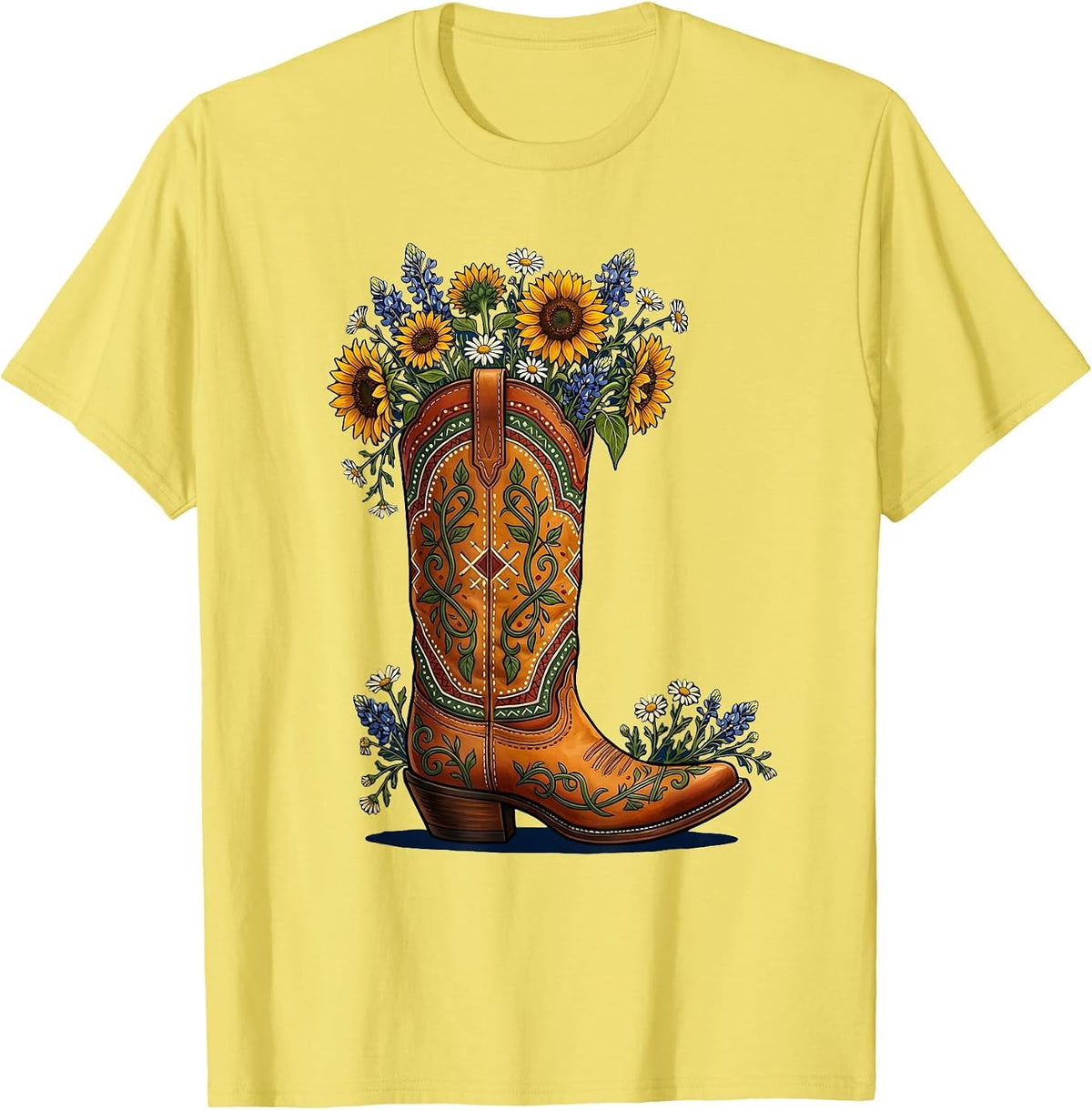 Men's Wildflower Cowboy Boot Western Illustration T-Shirt - Lemon Yellow