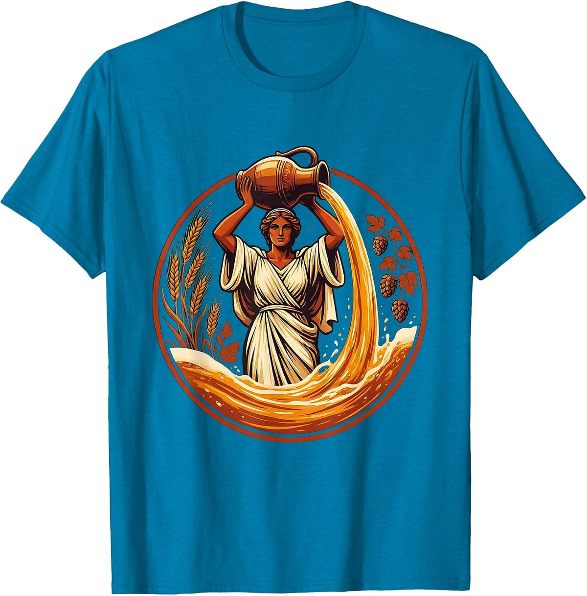 Goddess Pouring Beer From Giant Amphora Jug T-Shirt - Sapphire Blue