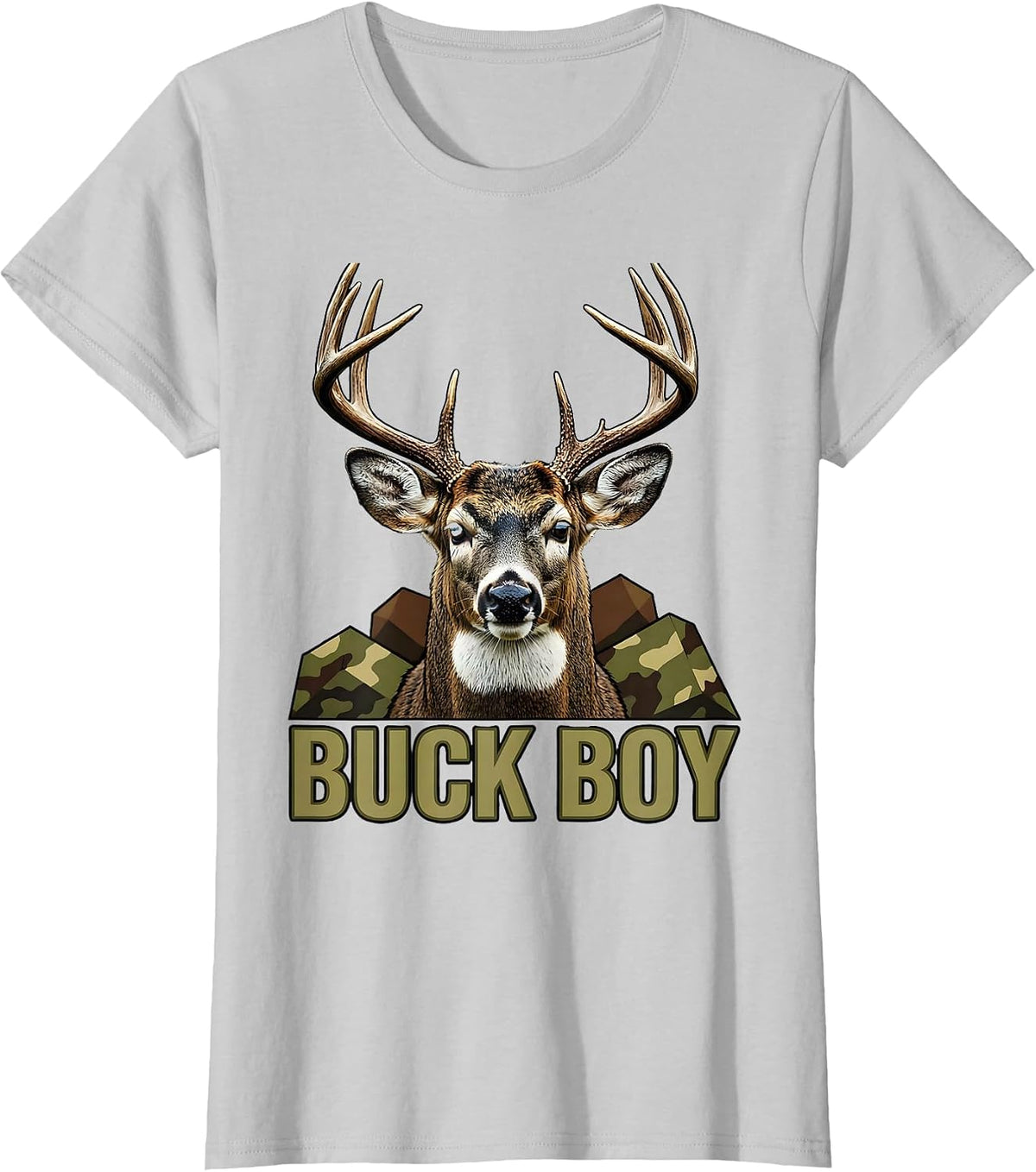 Women's Buck Boy Screenprint Camo Deer Hunting Youth Humor T-Shirt - Silver Grey