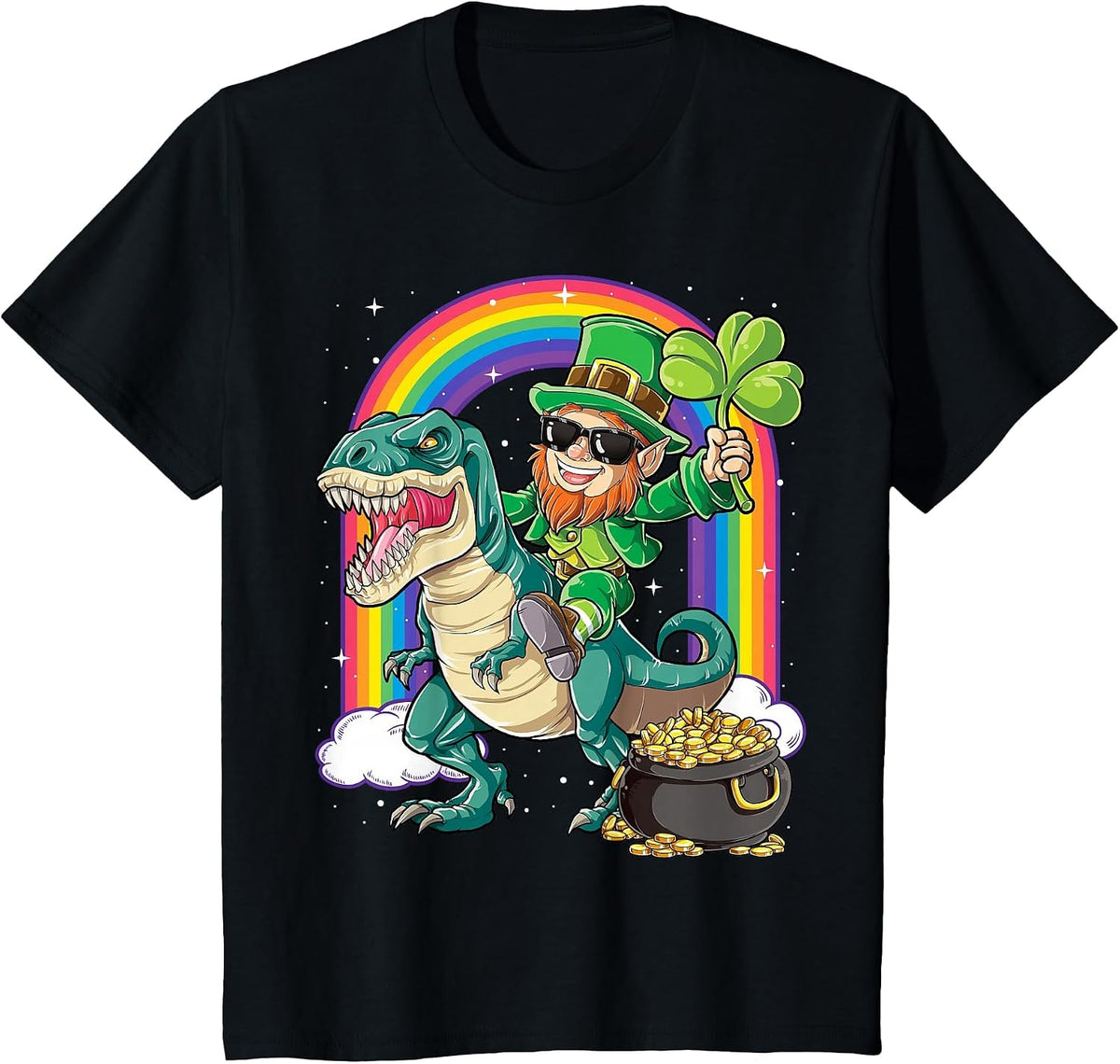 Leprechaun Riding Dinosaur St Patricks Day Boys Men T rex T-Shirt - Black