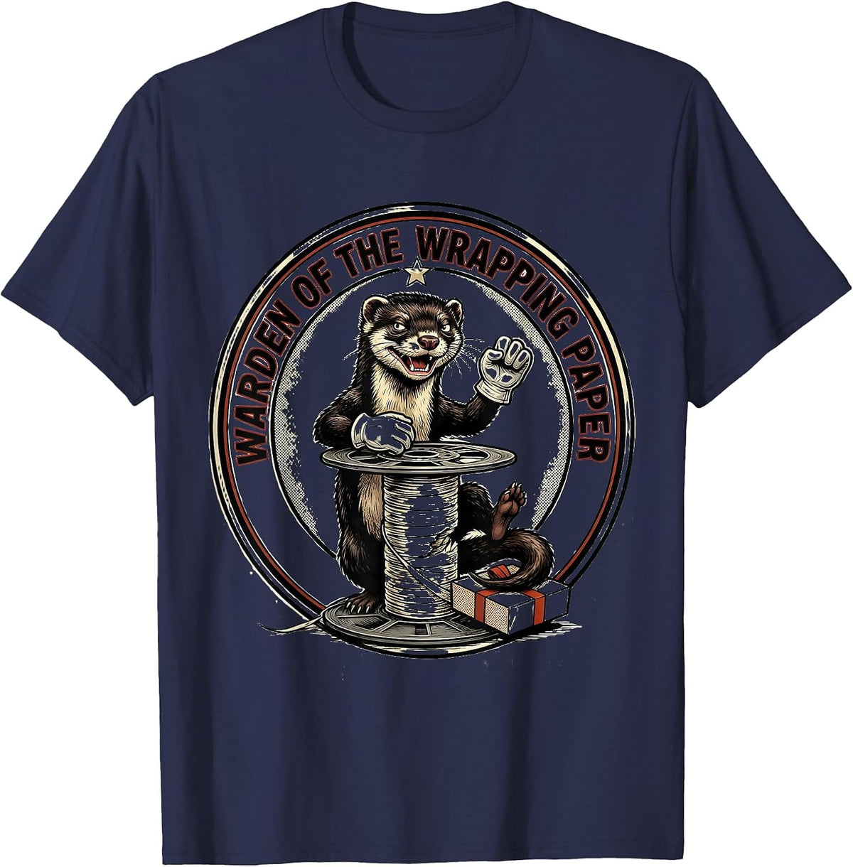 Warden Of The Wrapping Paper Retro Cartoon Ferret Owner Gift T-Shirt - Navy Blue