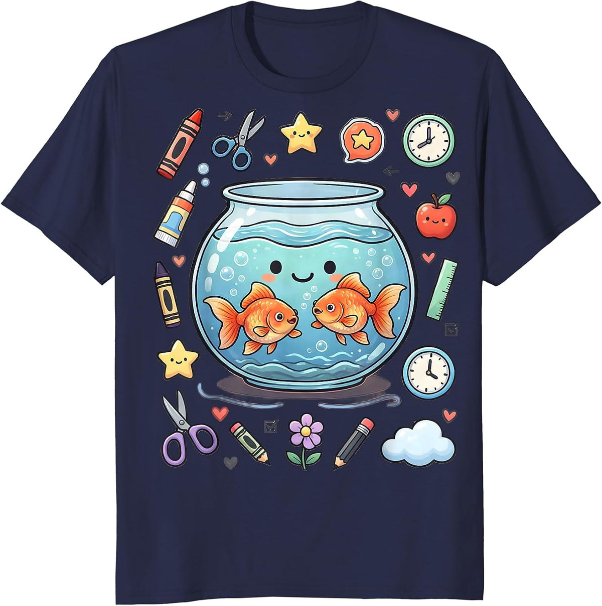 Preschool Goldfish Classroom Fishbowl Graphic T-Shirt - Navy Blue