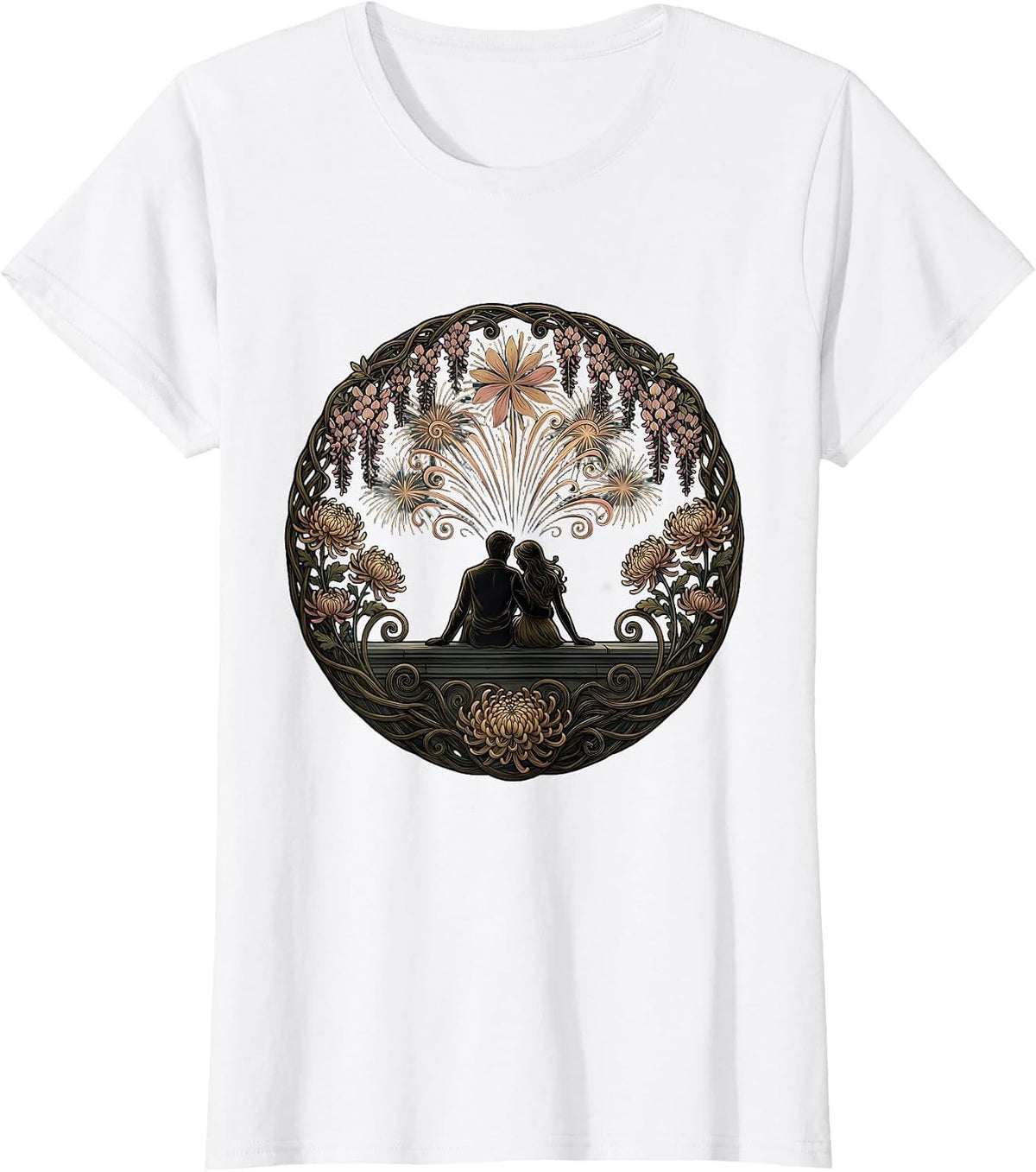 Couple Watching Fireworks From a Rooftop T-Shirt - White
