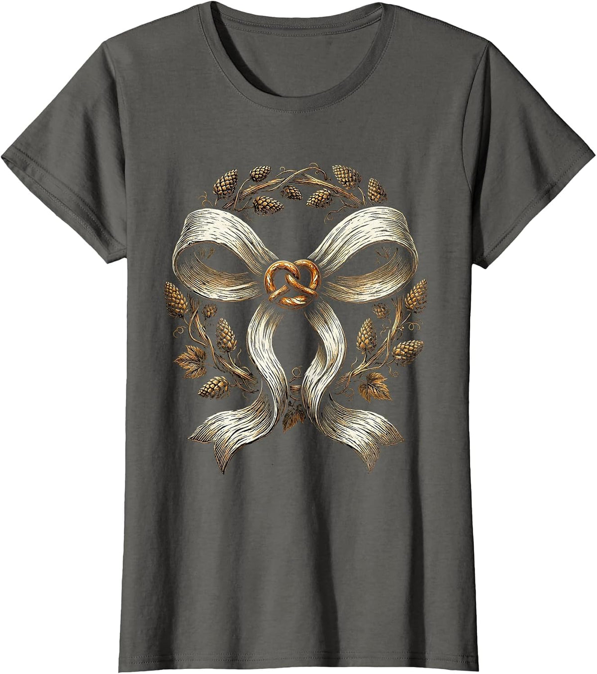 Women's Dirndl Apron Bow Pretzel and Hops Graphic T-Shirt - Asphalt Grey