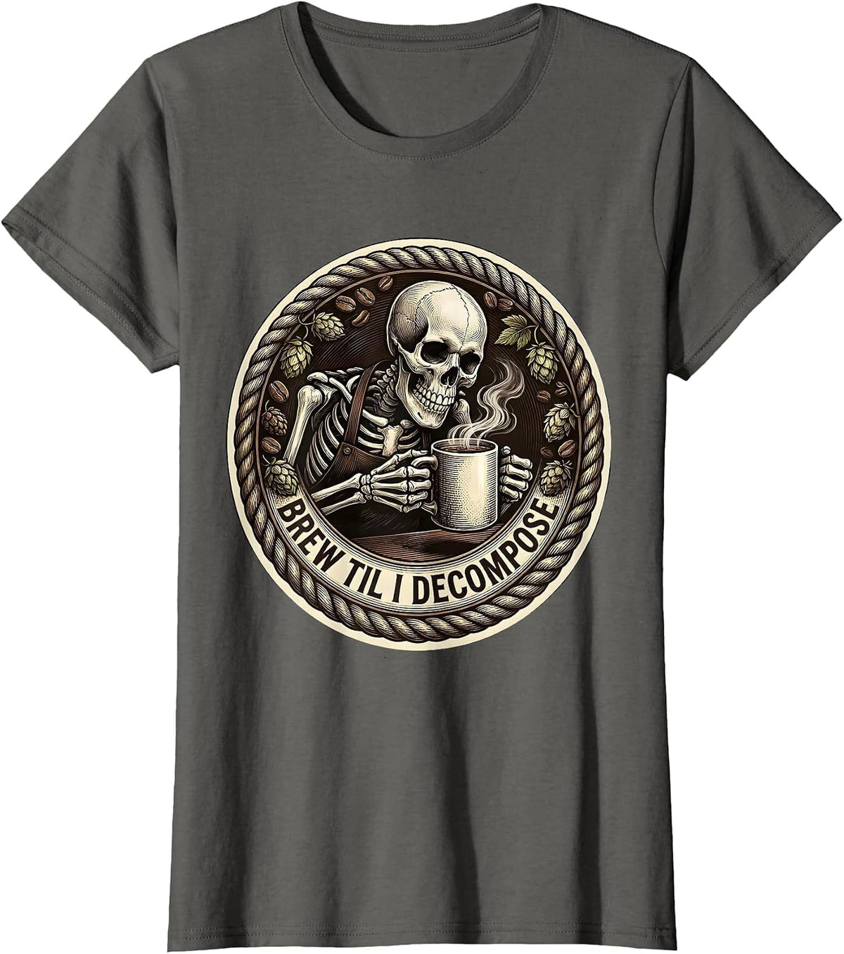Women's Brew Til I Decompose Funny Skeleton Design T-Shirt - Asphalt Grey