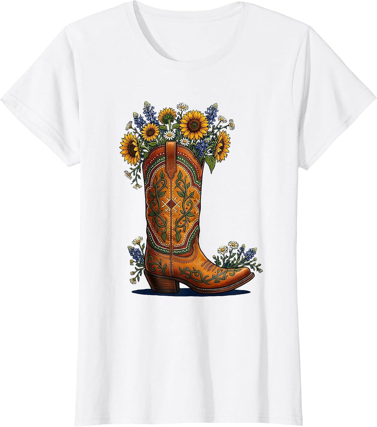 Women's Wildflower Cowboy Boot Western Illustration T-Shirt - White