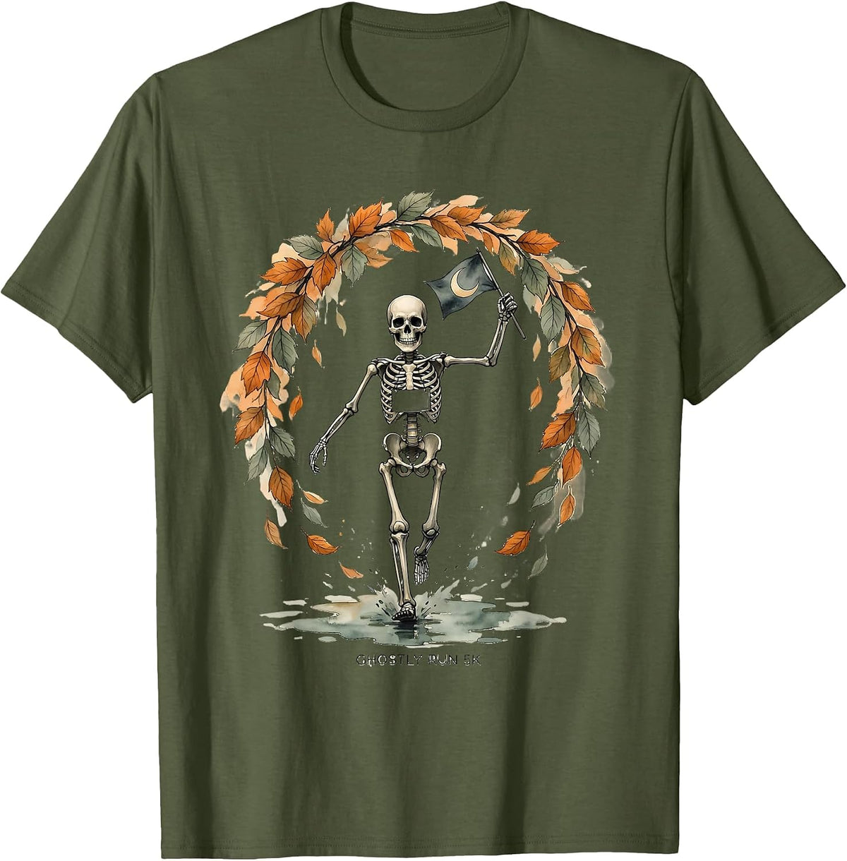 Men's Ghostly Run 5K Watercolor Skeleton Runner Halloween Fun Run T-Shirt - Olive Green
