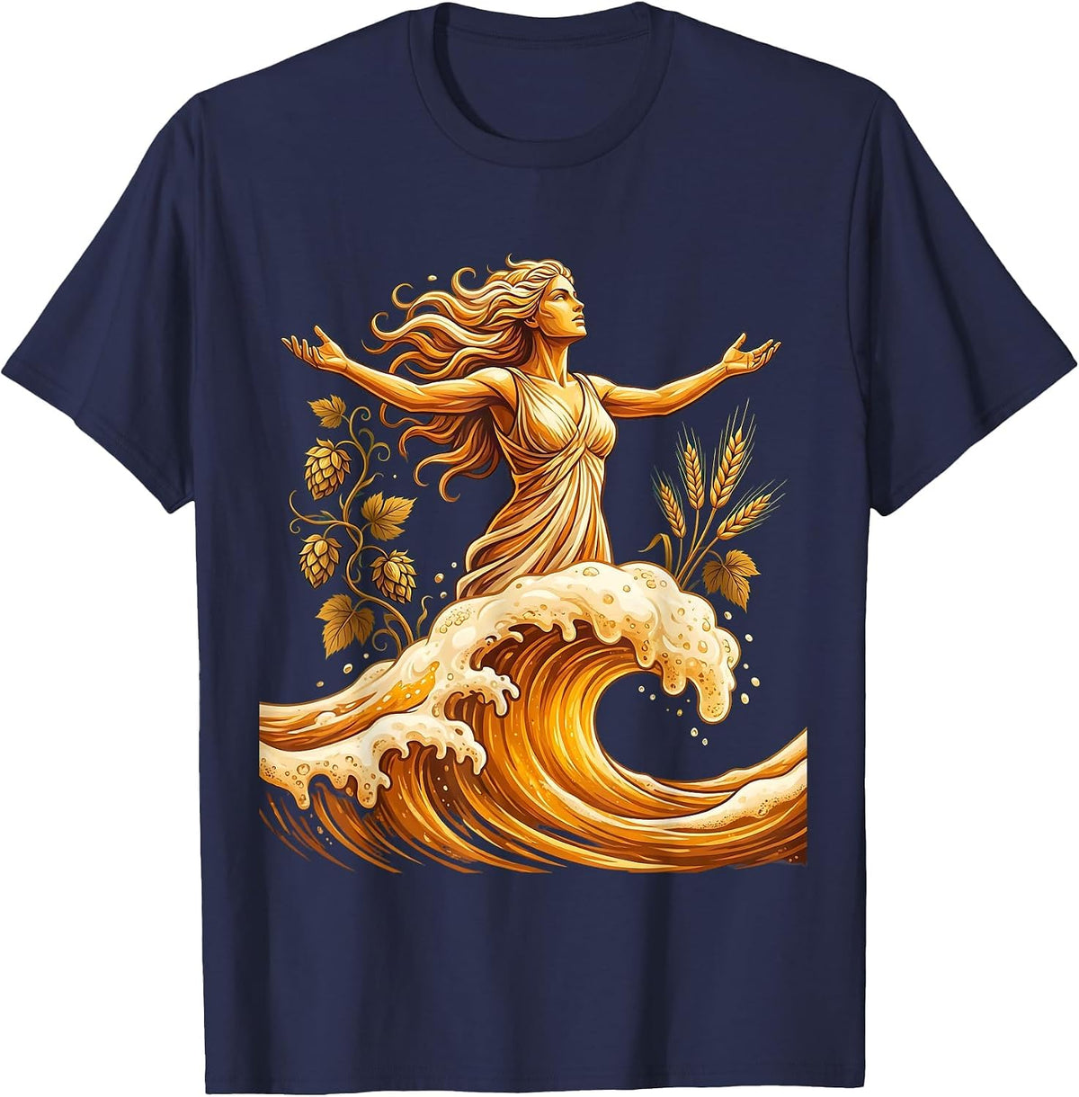 Men's Goddess Rising Beer Wave Graphic Tee T-Shirt - Navy Blue
