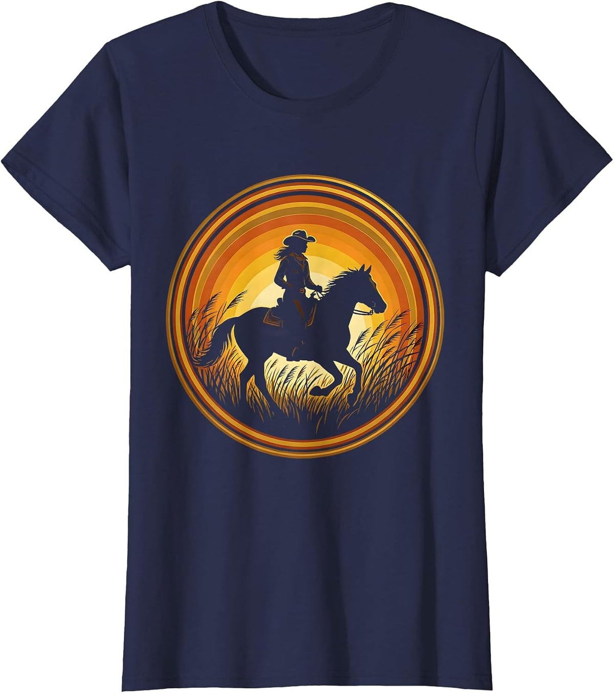 Women's Cowgirl on Horseback Golden Grass 90s Country T-Shirt - Navy Blue
