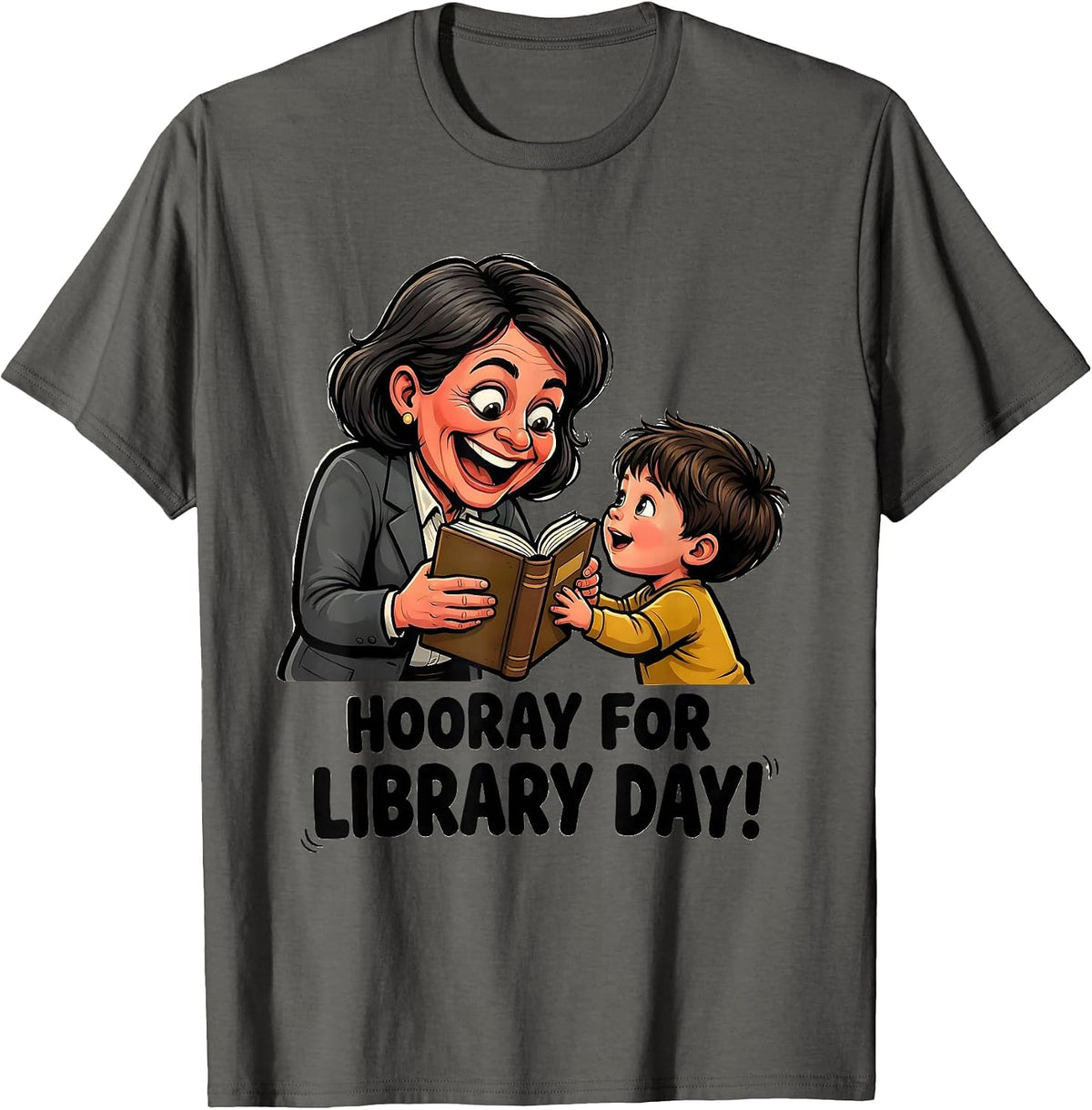 Men's Hooray For Library Day Cartoon Librarian Book Lover School T-Shirt - Asphalt Grey