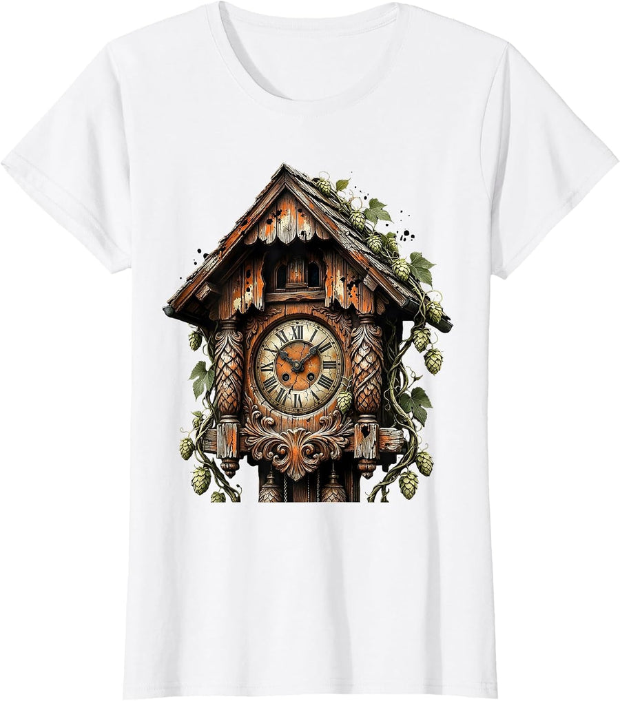 Women's Oktoberfest Cuckoo Clock Hop Vines Illustration T-Shirt - White