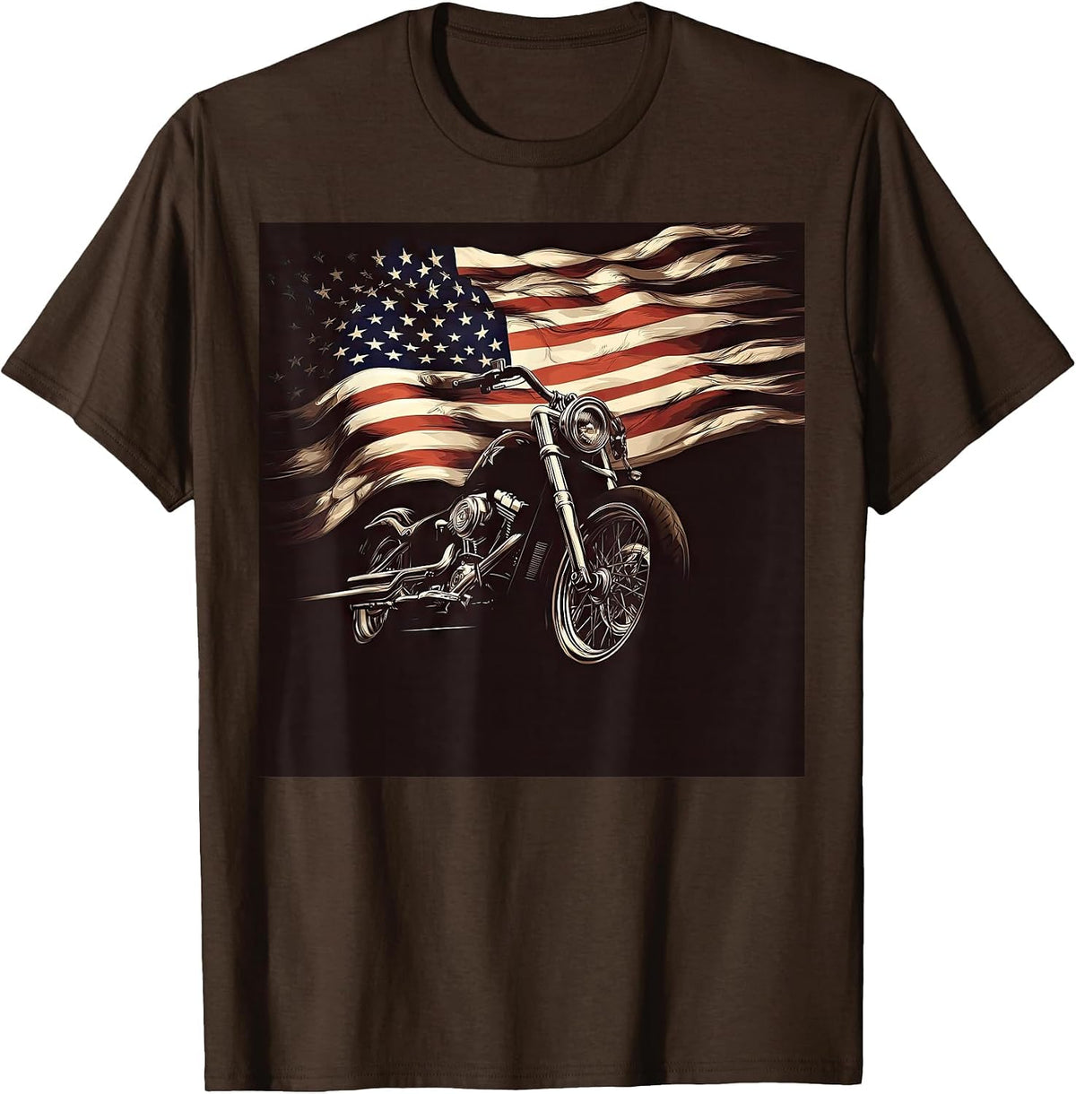 Motorcycle USA Flag Retro Biker T-Shirt - Brown