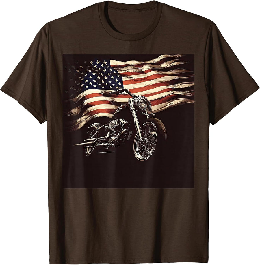 Motorcycle USA Flag Retro Biker T-Shirt - Brown