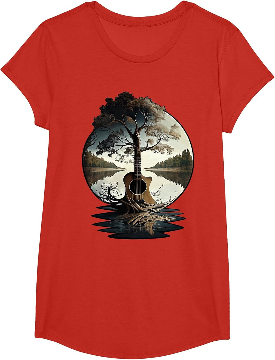 Acoustic Guitar Tree By The Lake Guitarist T-Shirt - Girls Red