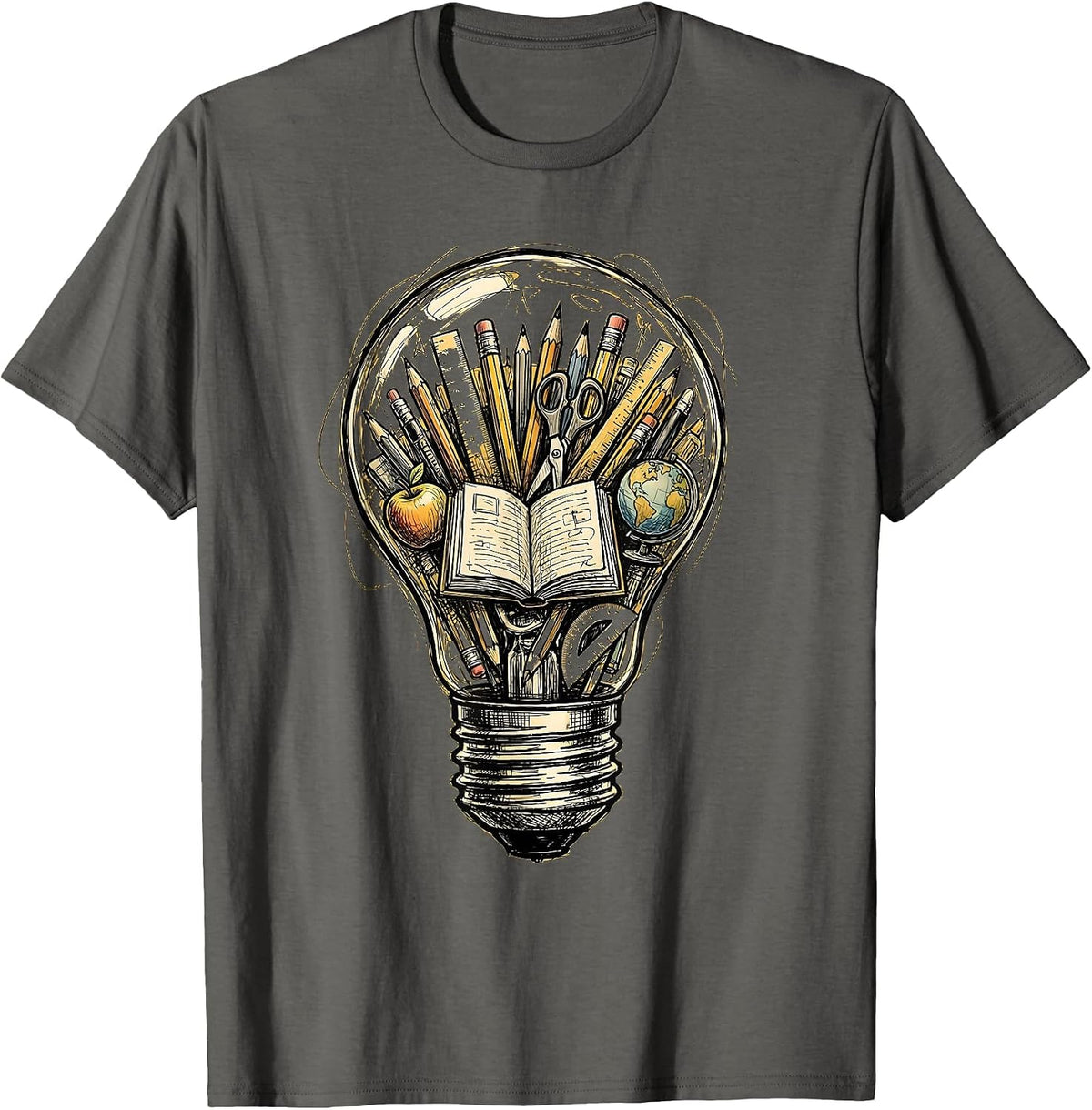Teacher Lightbulb School Supplies Illustration T-Shirt - Asphalt Grey