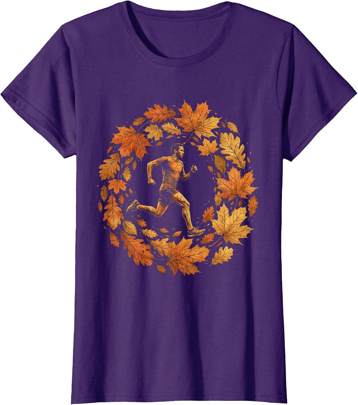 Women's Runner Silhouette Falling Autumn Leaves Design T-Shirt - Purple