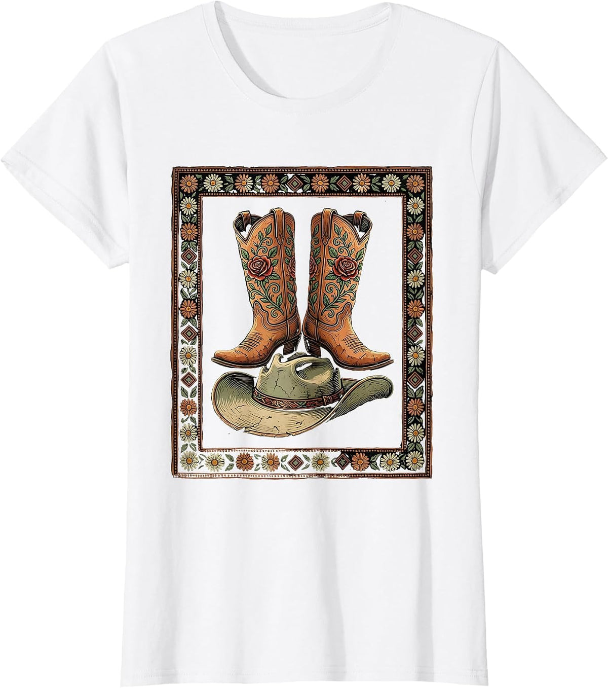 Cowgirl Boots Stomping Cowboy Hat Western Art T-Shirt - White