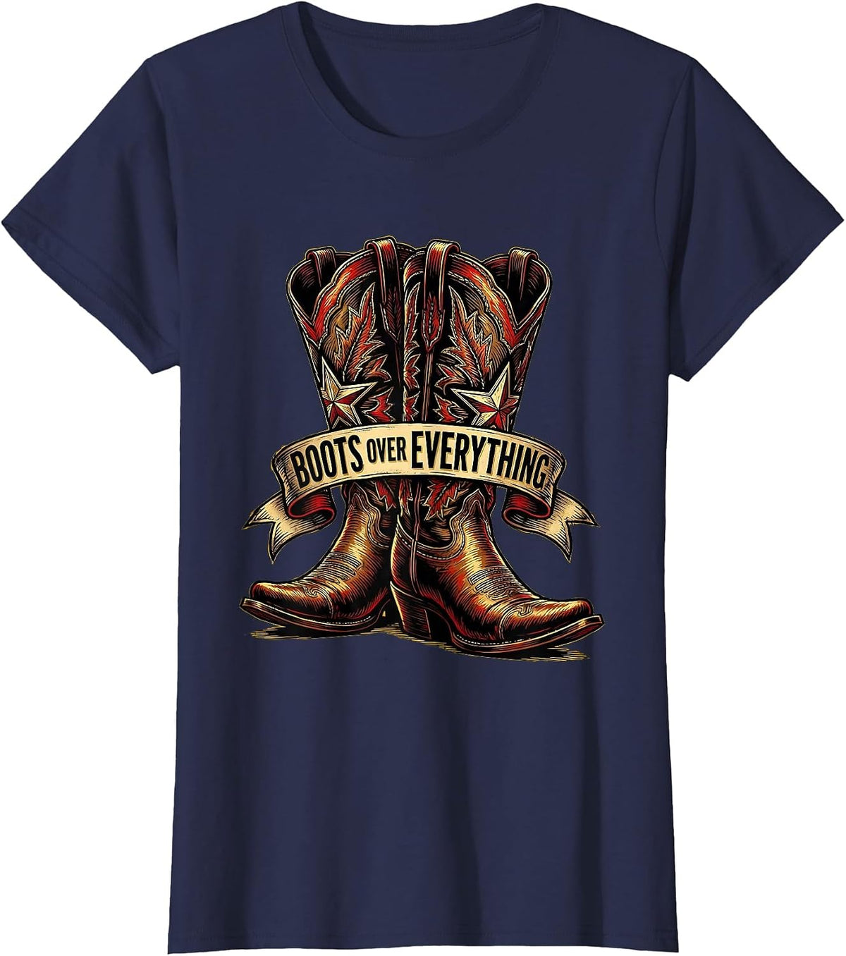 Women's Boots Over Everything Cowgirl Graphic Design T-Shirt - Navy Blue