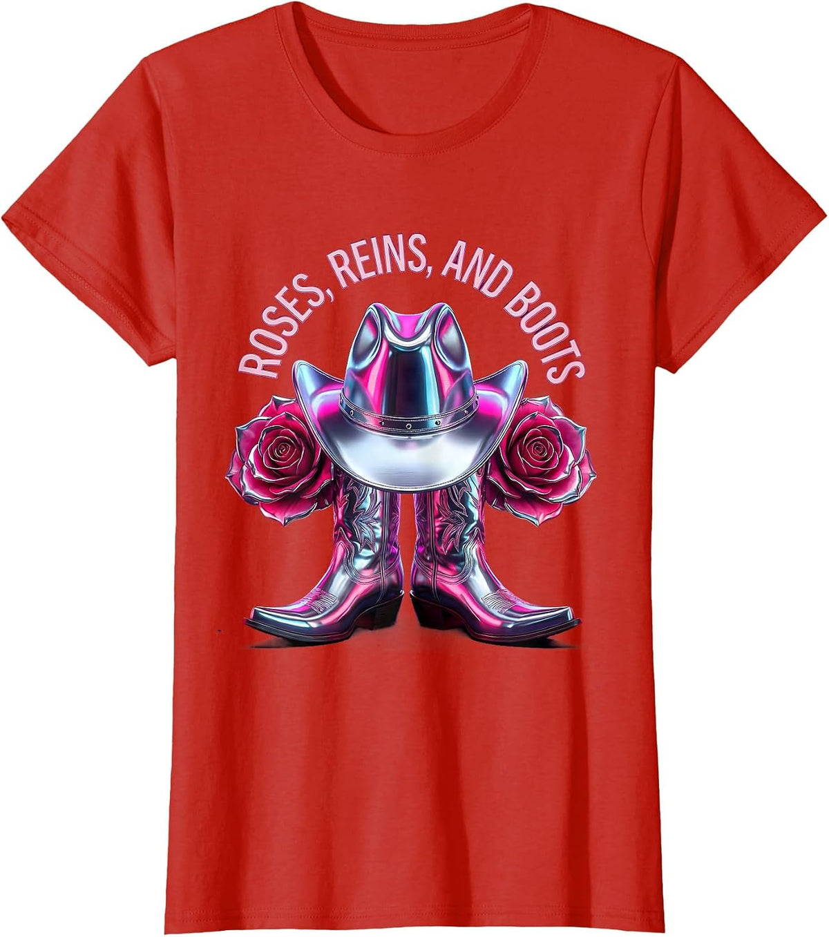 Pink Cowgirl Roses Reins and Boots Design T-Shirt - Red