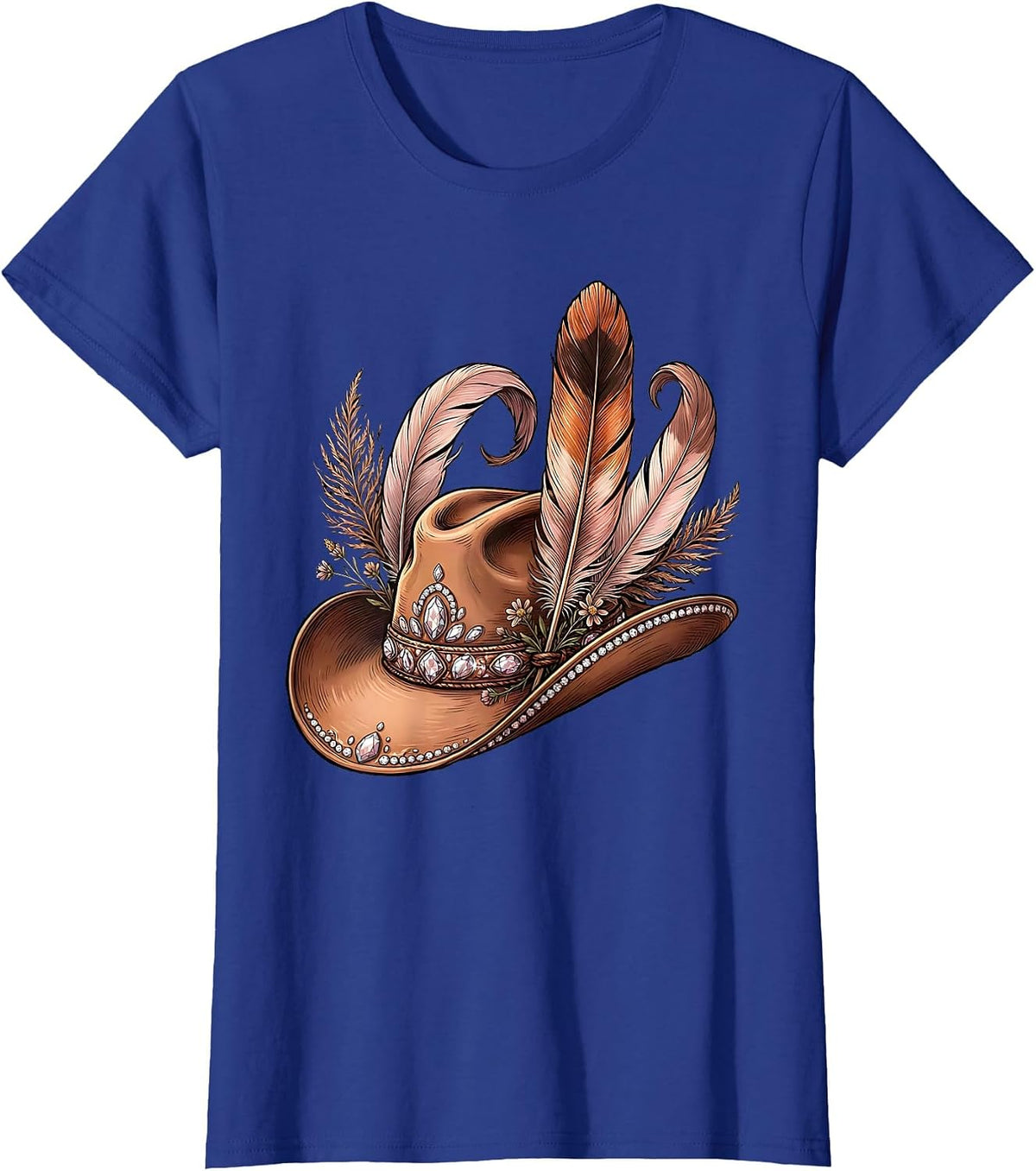 Women's Rhinestone Cowboy Hat with Feathers Graphic T-Shirt - Royal Blue