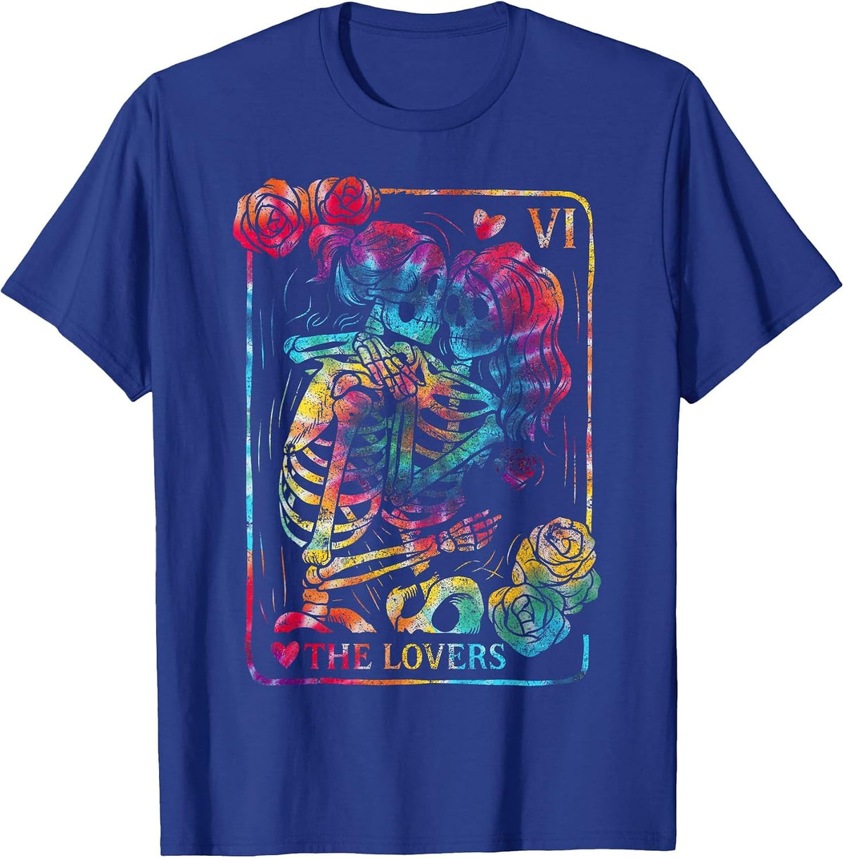 The Lovers Tarot Card Gothic Occult Kissing Skeleton Roses T-Shirt - Royal Blue