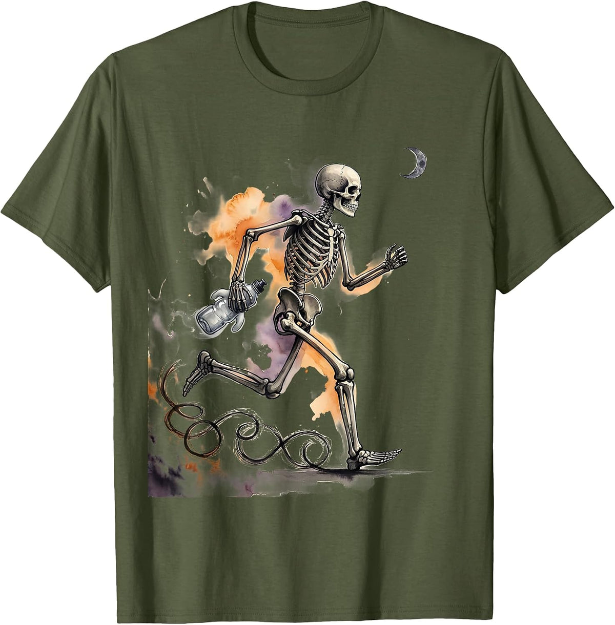 Skeleton Runner Watercolor Halloween 5K Fun Run T-Shirt - Olive Green
