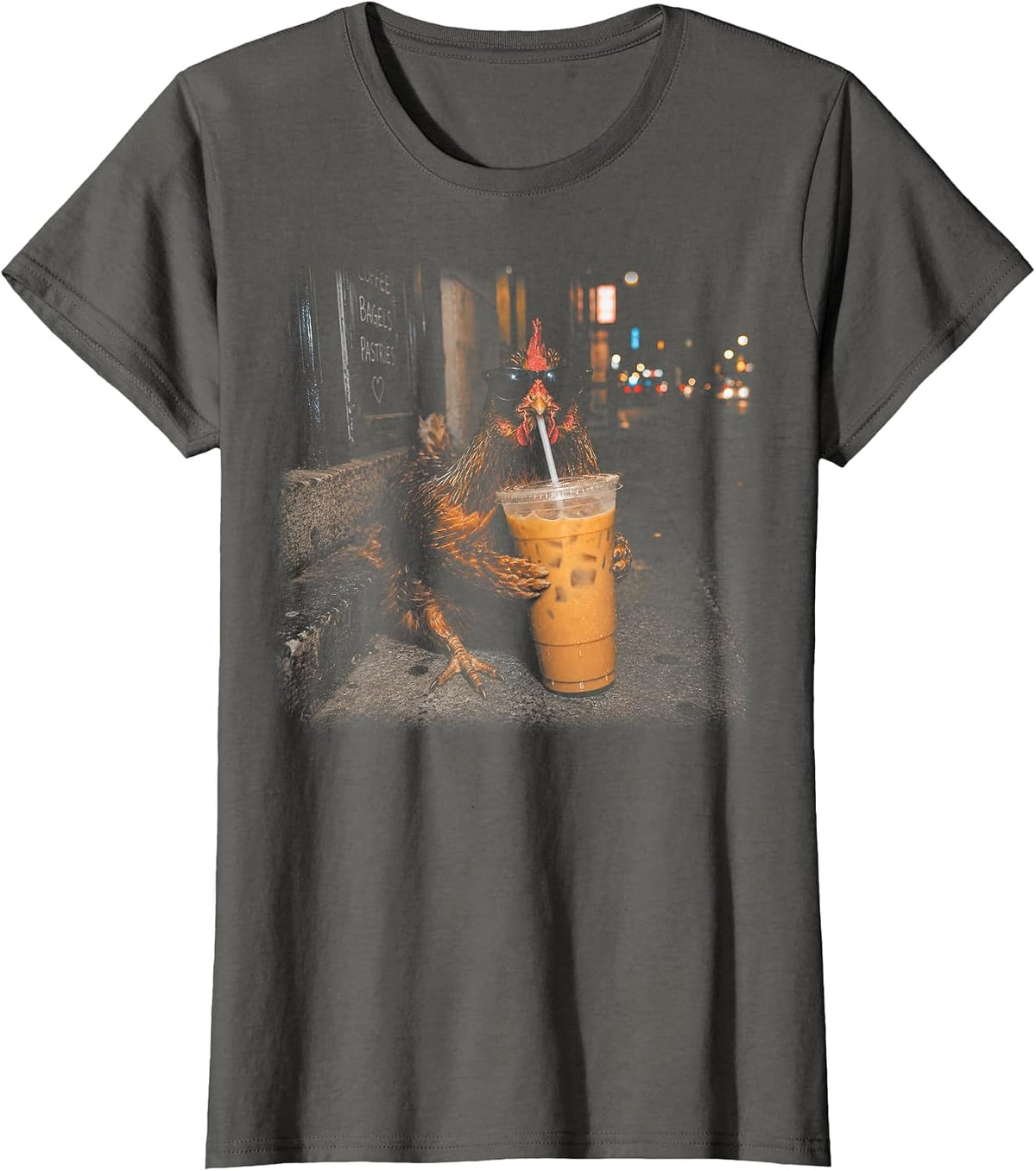 Funny Chicken Drinking Iced Coffee Cool Farm Animal Lover T-Shirt - Asphalt Grey