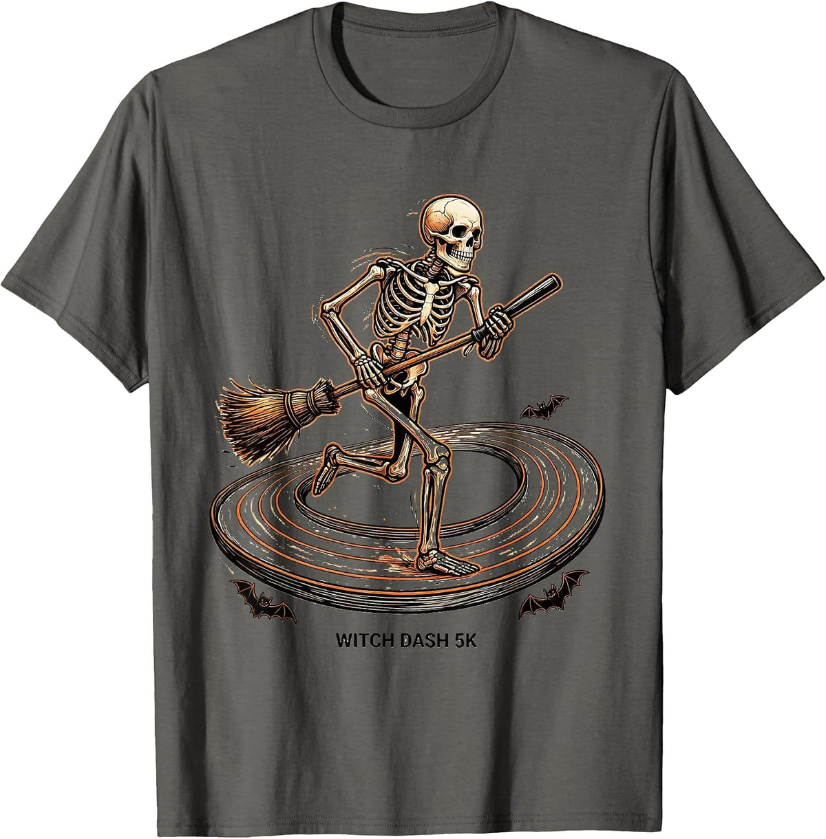 Witch Dash 5K Funny Skeleton Runner Halloween Fun Run T-Shirt - Asphalt Grey