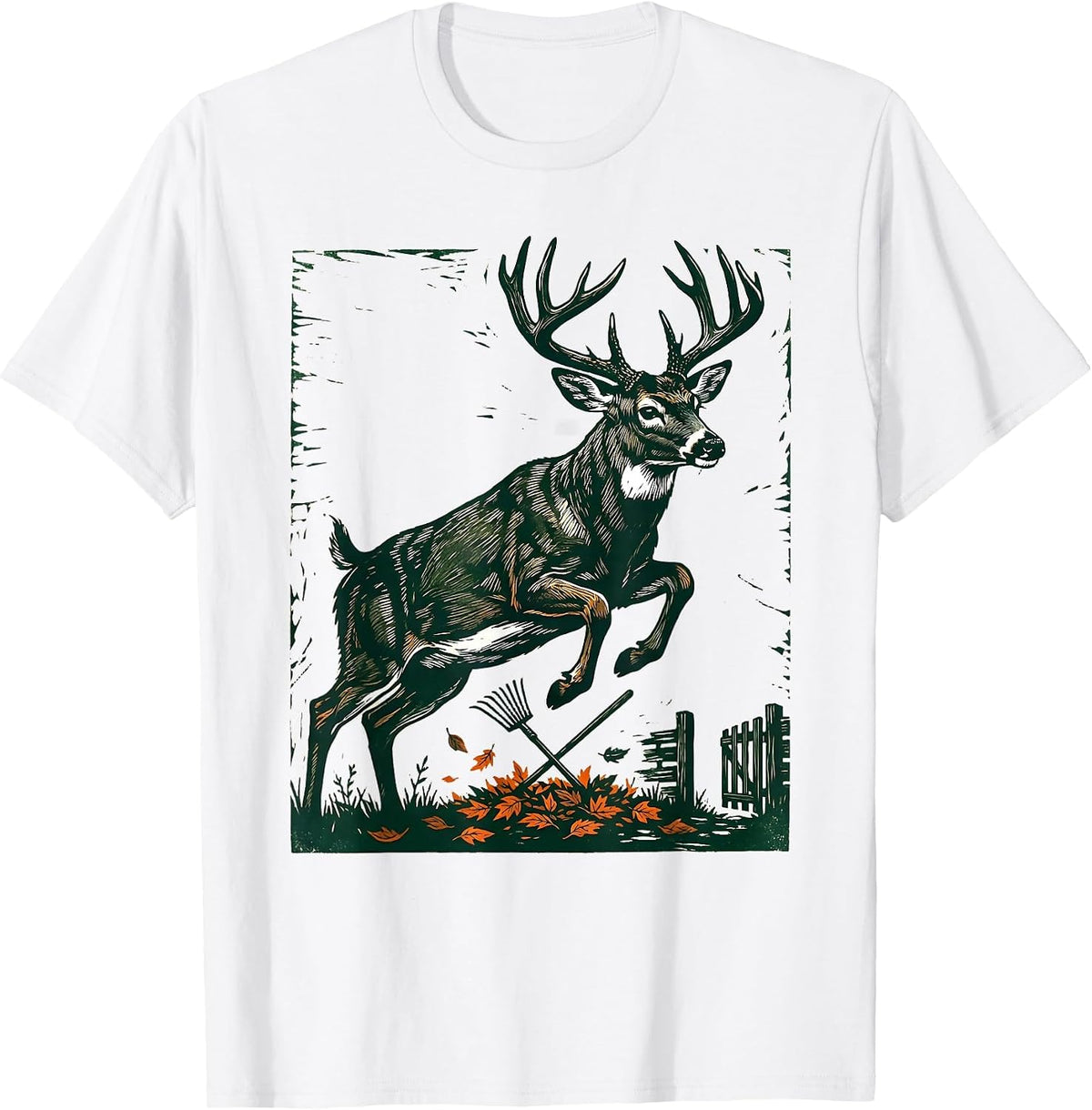 Men's Leaping Buck Silhouette Linocut Hunting Dad Gift T-Shirt - White
