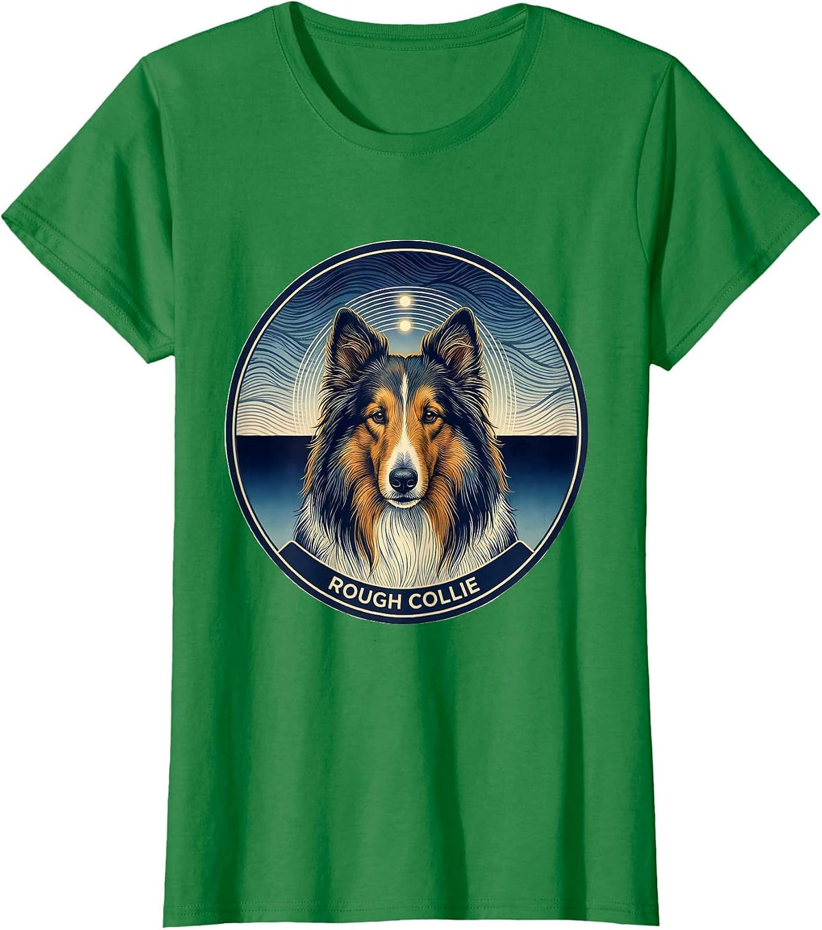 Rough Collie Ukiyo-e Van Gogh Style Starry Night Dog T-Shirt - Kelly Green