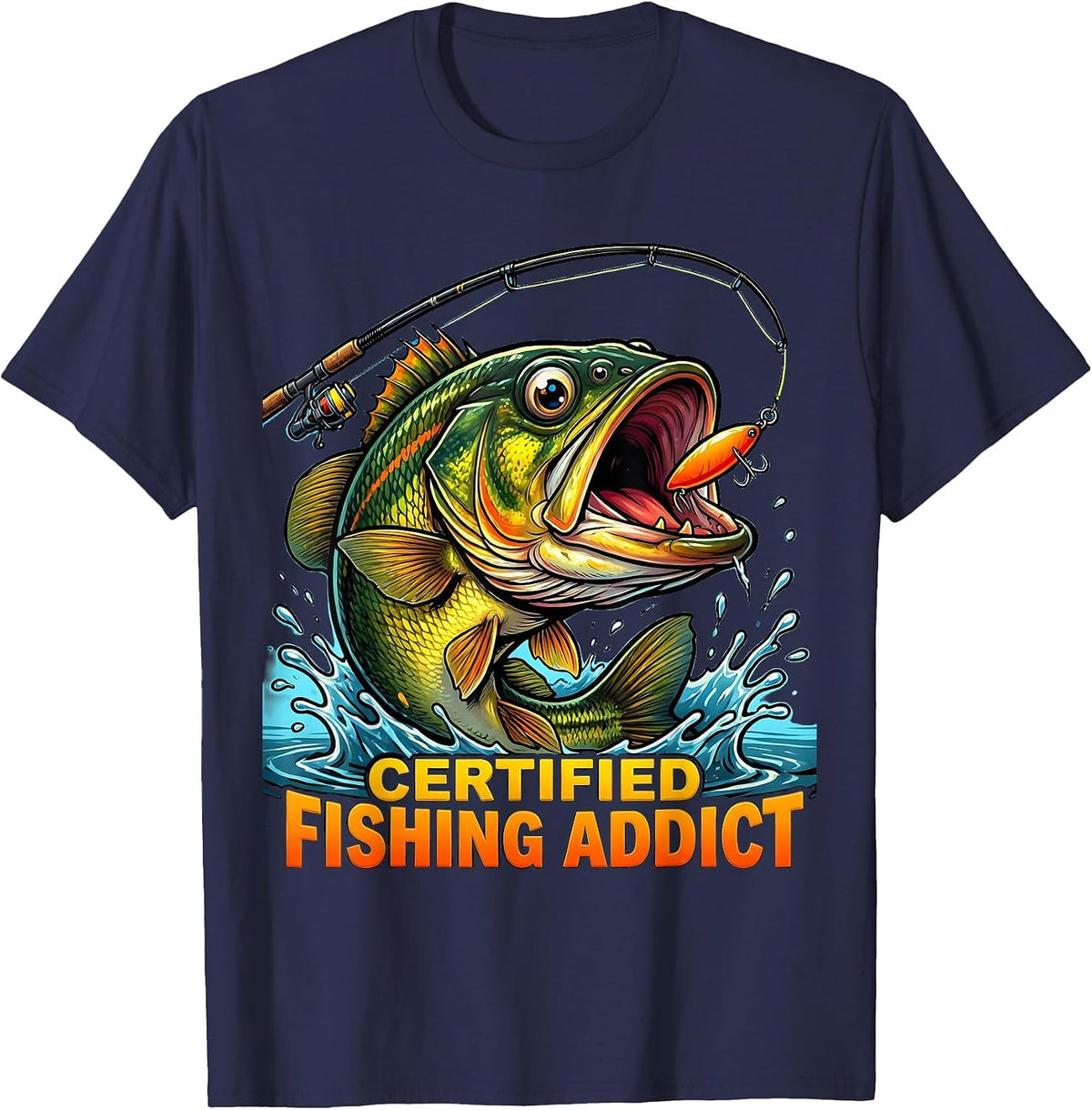 Certified Fishing Addict Graphic Design T-Shirt - Navy Blue