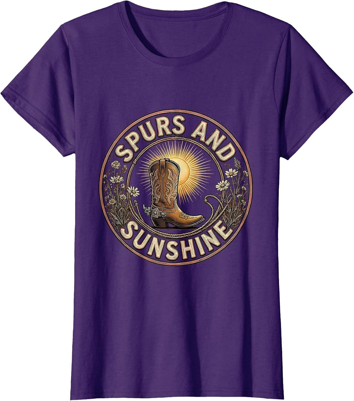 Women's Spurs and Sunshine Western Design T-Shirt - Purple