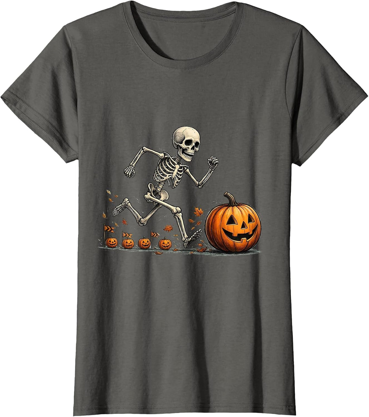 Women's Cheerful Skeleton Runner Halloween 5K Race Fun T-Shirt - Asphalt Grey