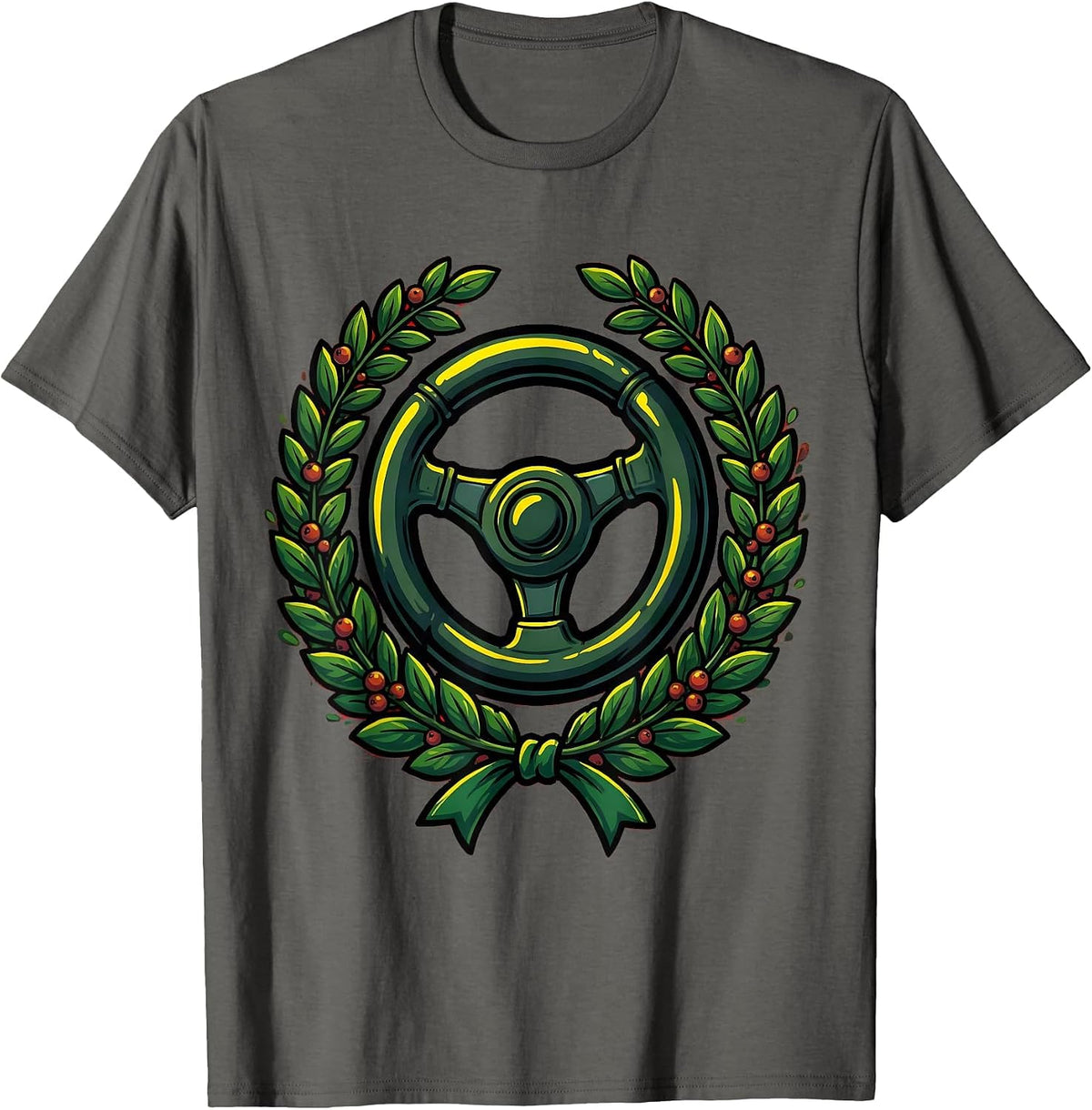 School Bus Driver Laurel Wreath Steering Wheel T-Shirt - Asphalt Grey